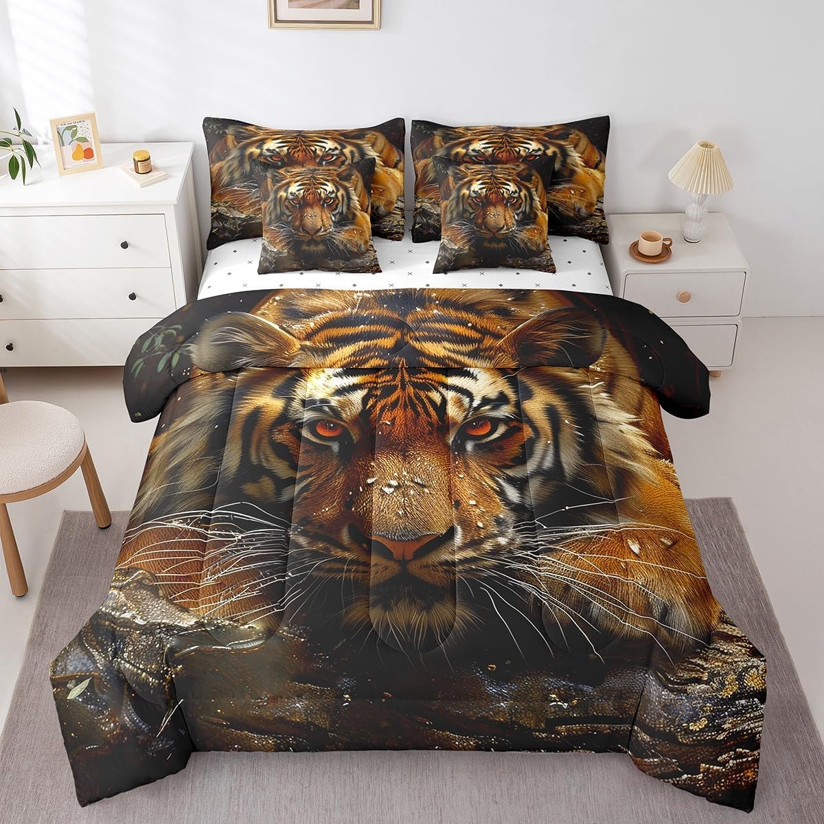 7 Pieces Twin Size Wild Tiger Comforter Set,Jungle Animal Rustic Bedding Set for Boys Men,Wildlife Hunting Adventure Brown Retro (Comforter+Fitted+Flat Sheet+2 Pillowcases+2 Throw Pillow Covers)