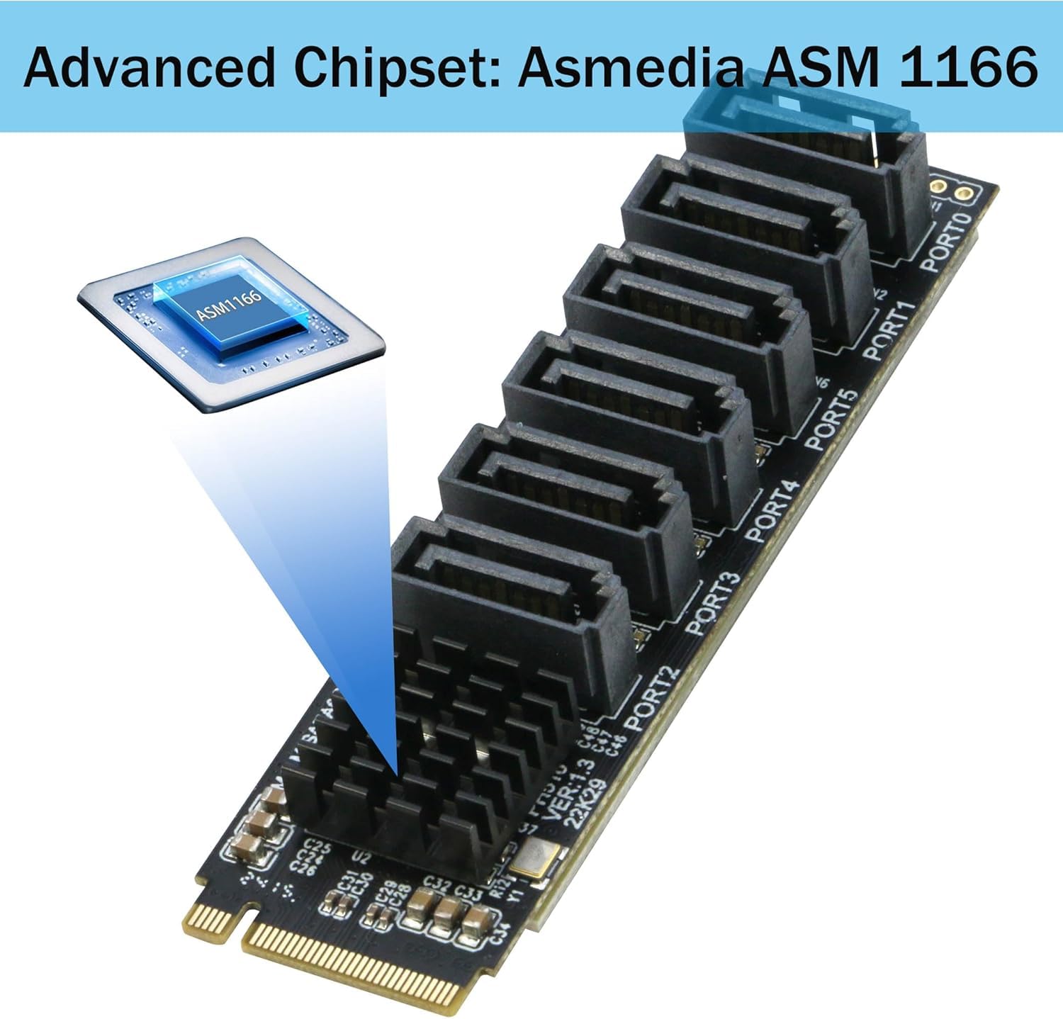 Scheda adattatore M.2 a SATA 3.0 [6 porte], RIITOP M.2 NVMe a 6 porte SATA III adattatore scheda di espansione 6 Gbps con chipset ASM1166