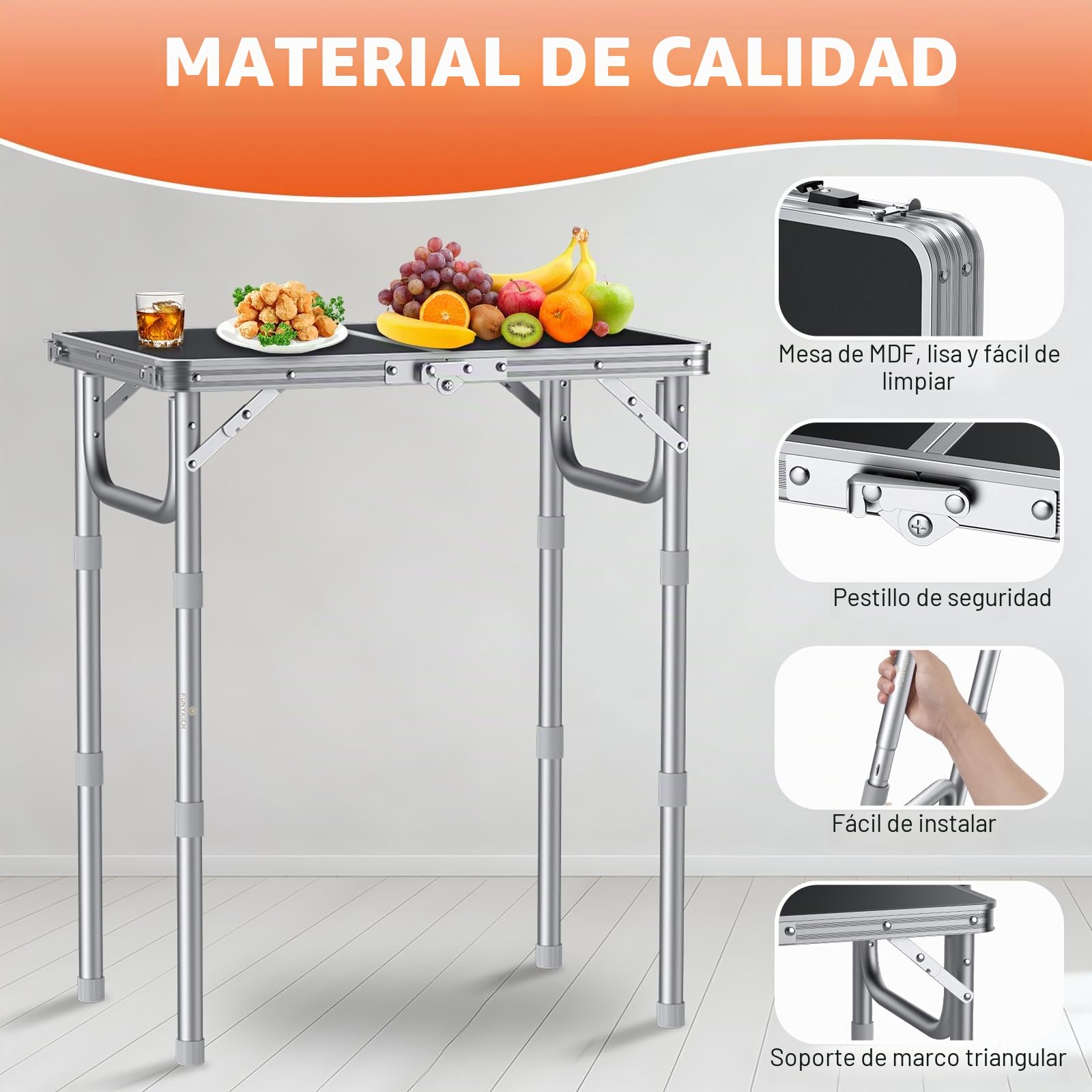 FUNYKICH Mesa Plegable de Camping, Mesa de Picnic Portátil de 3 Alturas Ajustables, Ligera de Aluminio para Exteriores con Asa de Transporte para Camping, Picnic, Barbacoa, 58x40 cm, Plata
