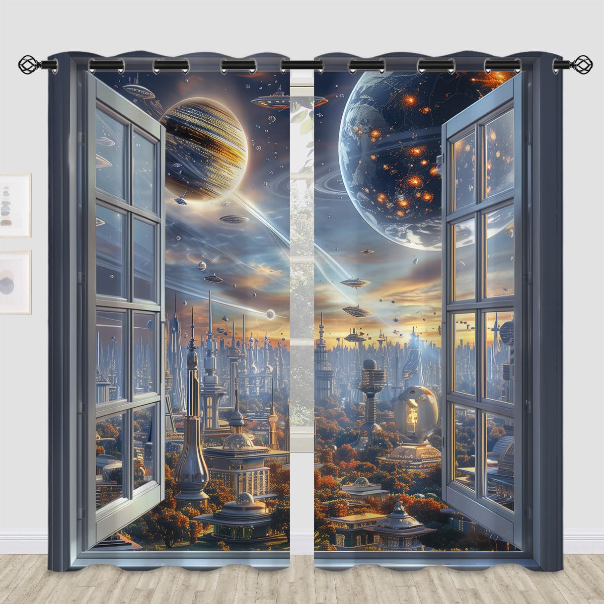 Alien World Blackout Curtains for Girls Kids Teen Boys Home Decor,Fantasy Outer Space Universe Planet Grommet Thermal Insulated Drapes Darkening Window Curtain for Bedroom Living Room, 84 x 84 Inch