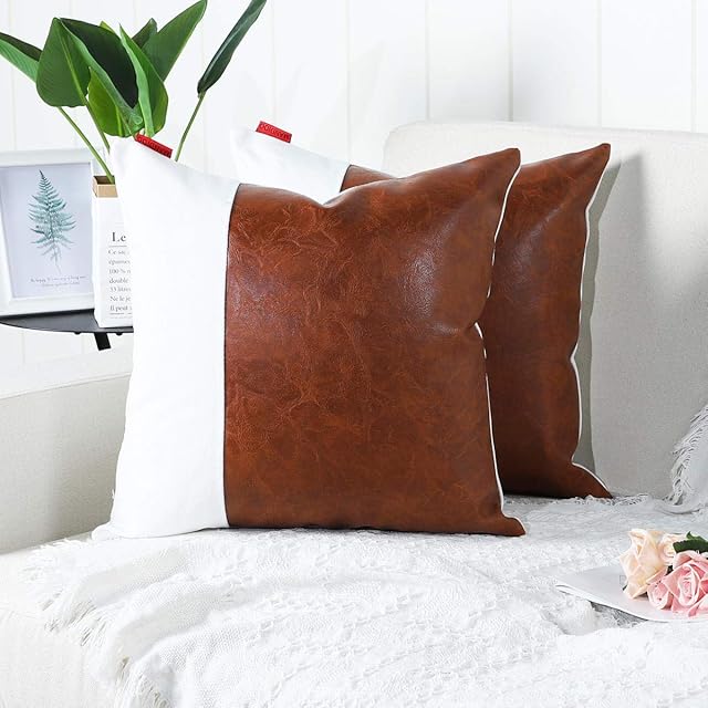 Mandioo Brown White Luxury Boho Decorative Cushion Covers 16x16 Inches Faux Leather and Cotton Farmhouse Throw Pillowcases for Couch Sofa Bed 40cmx40cm,Pack of 2
