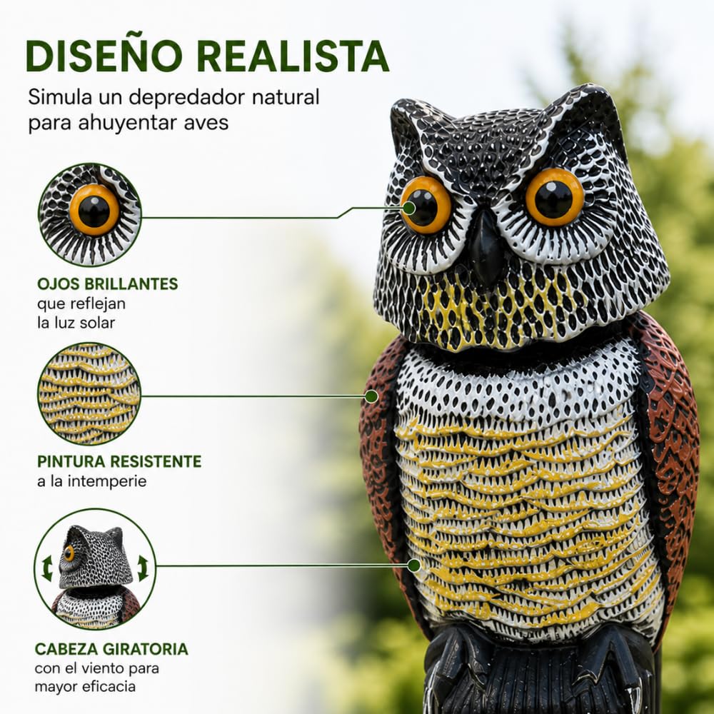Remi Hogar Búho Espantapájaros Realista | Ahuyenta Palomas, gaviotas y Otras Aves urbanas | para Exteriores, Balcones, Jardines y Piscinas | Poliuretano | Respetuoso con el medioambiente y Fauna