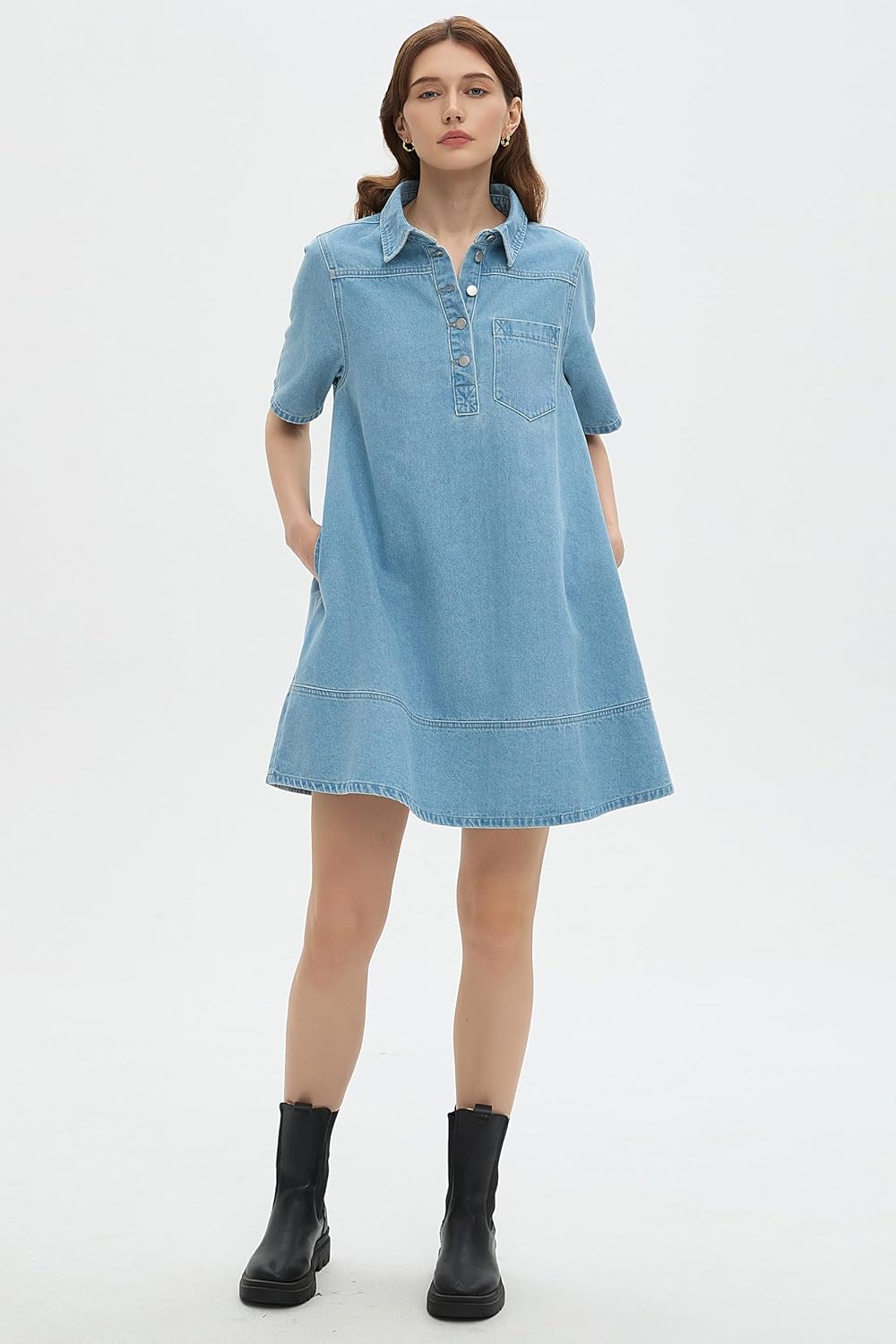 Womens Denim Shirt Dress Collared Button Up V Neck Casual A Line Jean Dresses Blue - Image 6