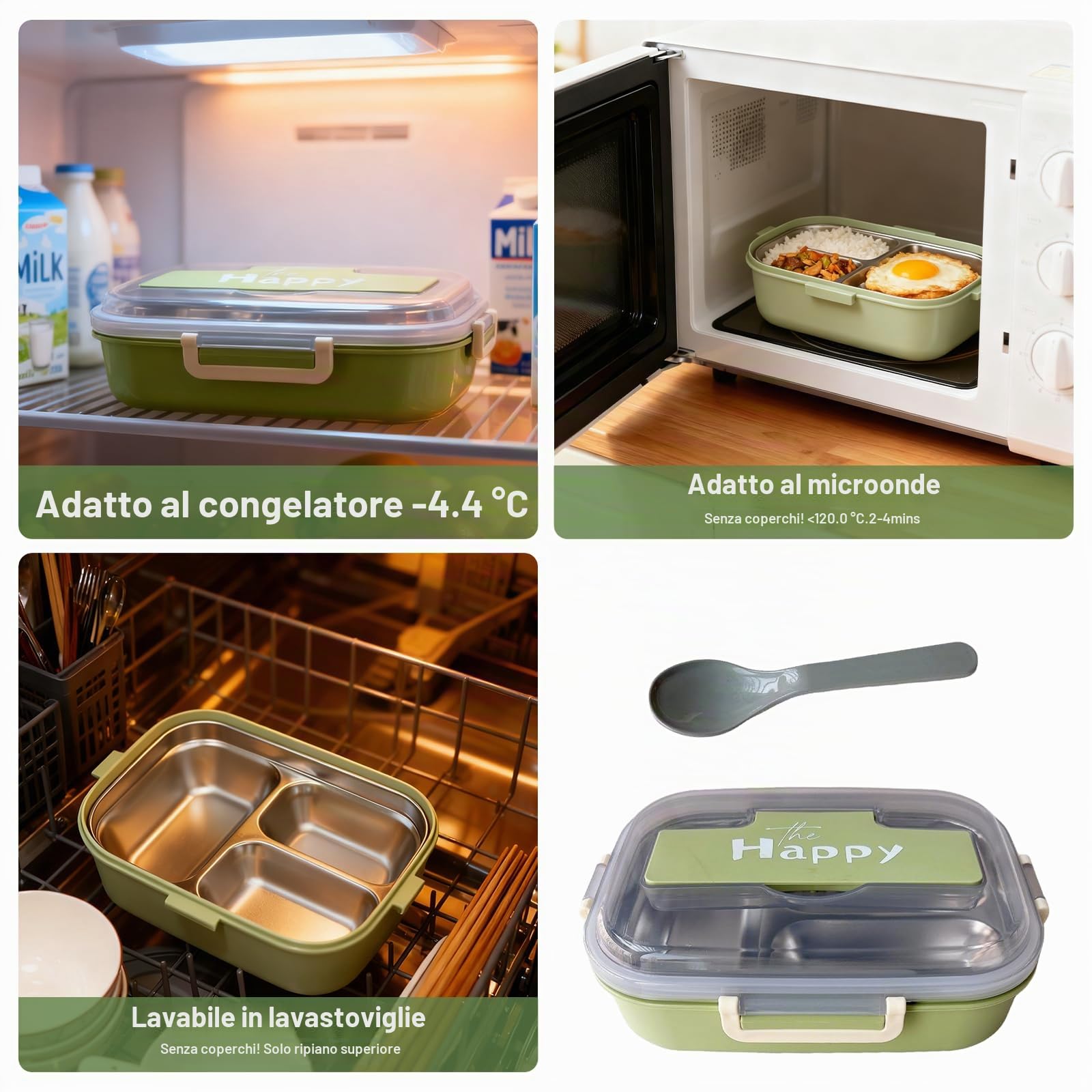 Porta Pranzo con 3 Scomparti e Cucchiaio, Lunch Box in Acciaio Inox Senza BPA, Bento Box per Scuola e Lavoro, Porta Merenda per Bambini e Adulti