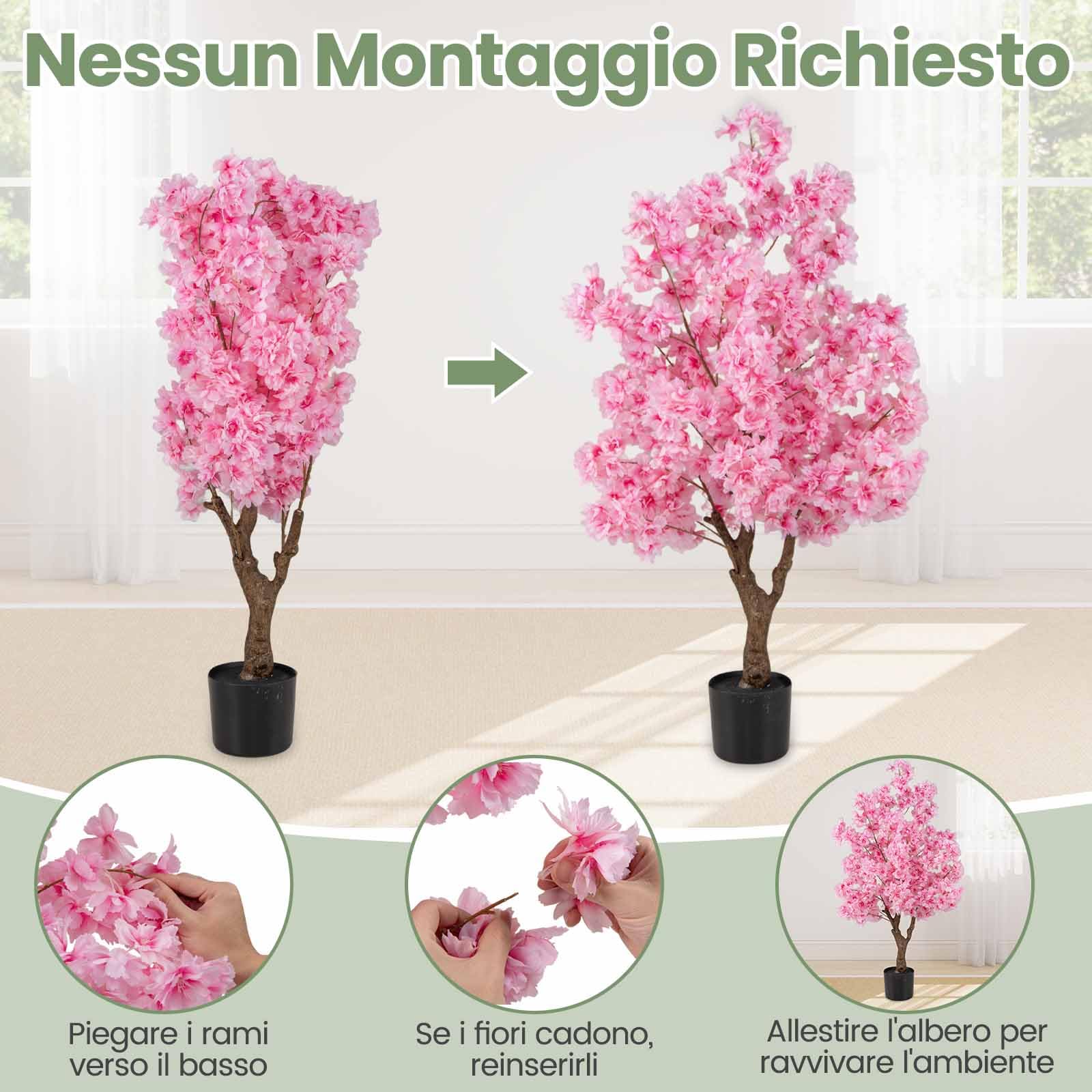 COSTWAY Albero di Ciliegio Artificiale da 118 cm con Fiori Rosa, Tronco PE Multiramo e Base Riempita di Cemento, Pianta Finta da Interno ed Esterno in Vaso per Ufficio, Casa, Matrimonio
