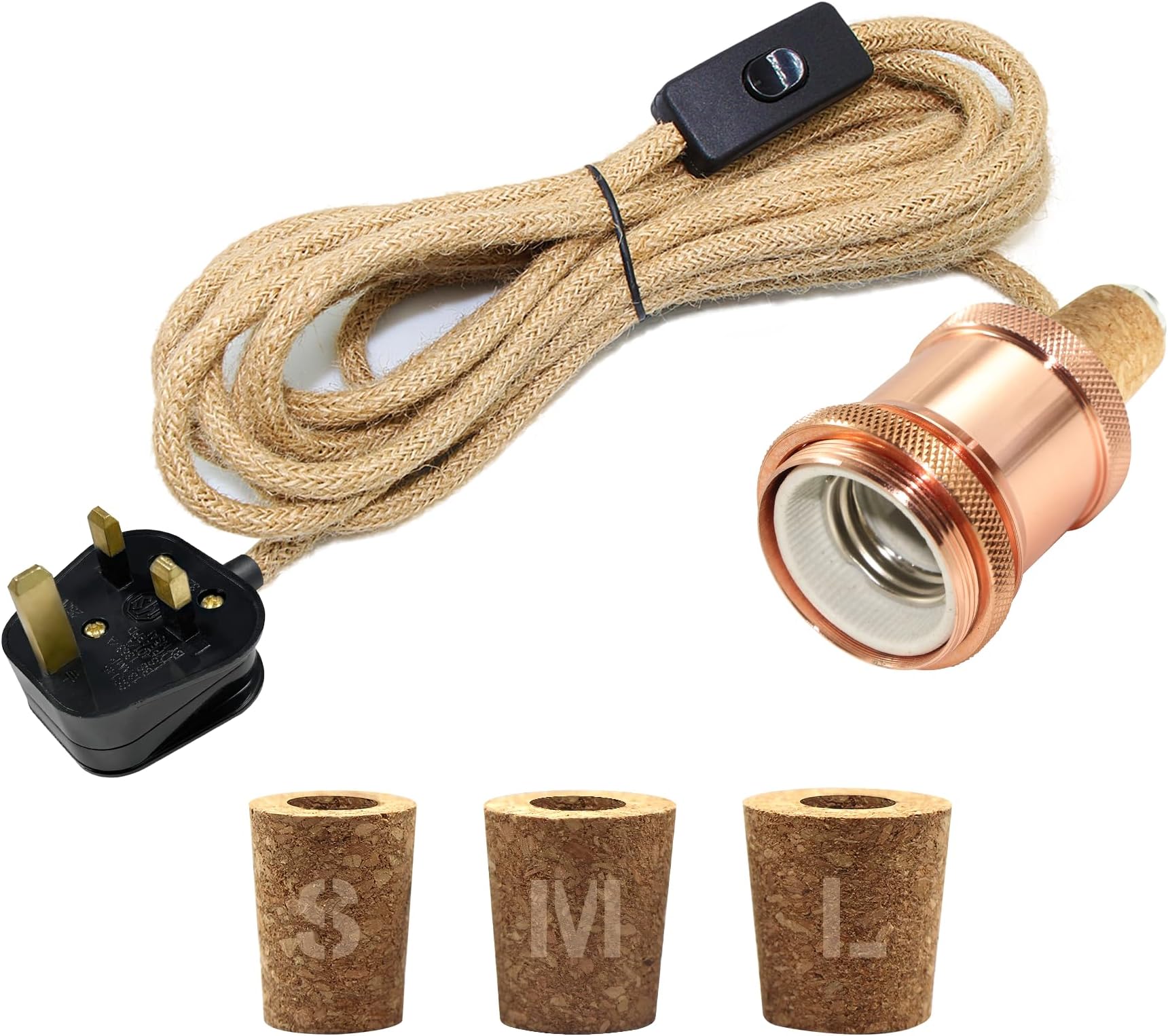 – Bottle Lamp Kit, E27 Ceramic Bulb Holder, 240CM Hemp Rope Cable, Lamp Kits Do It Yourself UK, Bottle Light Kit, Including 3 Sizes of Stoppers, DIY Table Light Fitting for Indoor, Rose Gold