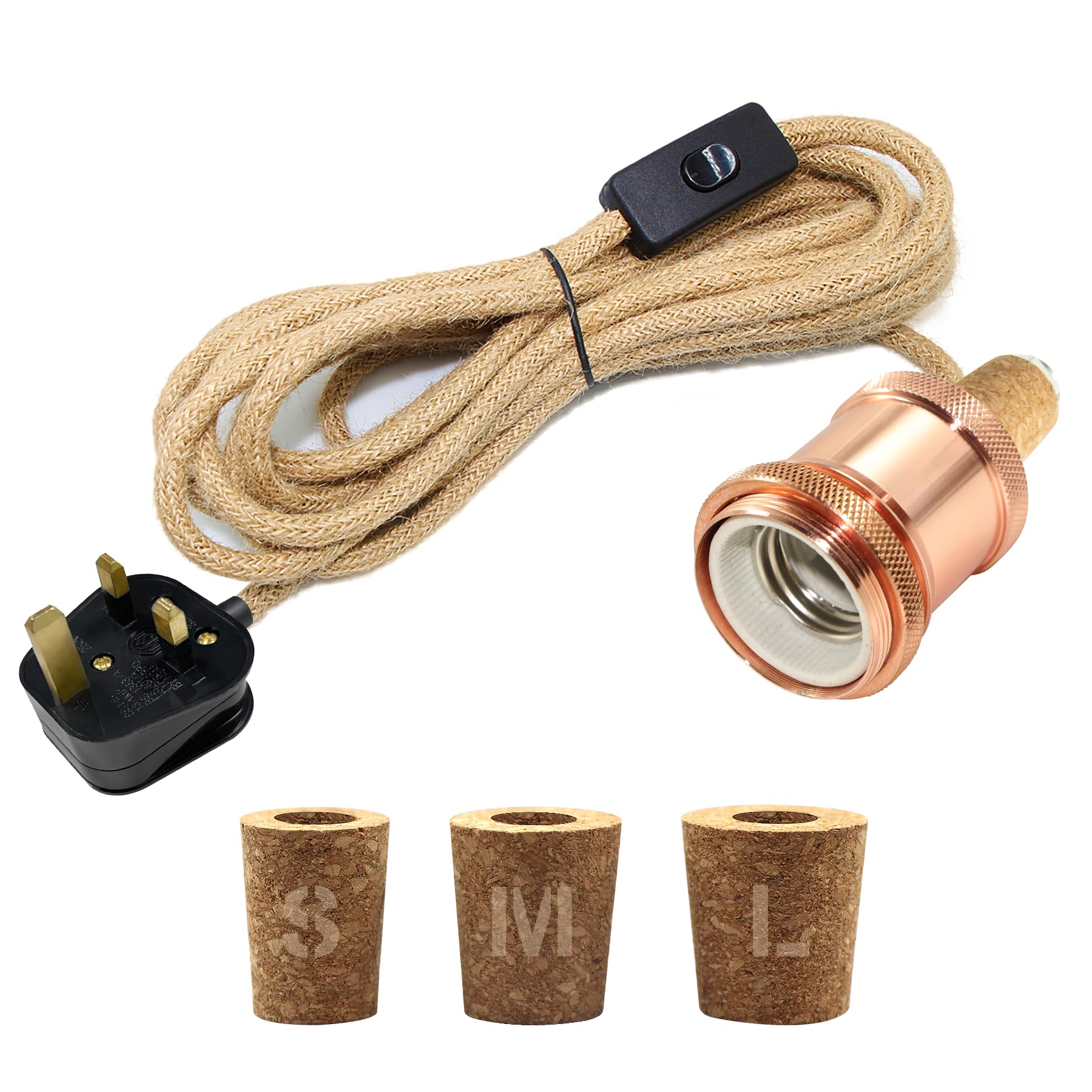 Bottle Lamp Kit, E27 Ceramic Bulb Holder, 240CM Hemp Rope Cable, Lamp Kits Do It Yourself UK, Bottle Light Kit, Including 3 Sizes of Stoppers, DIY Table Light Fitting for Indoor, Rose Gold