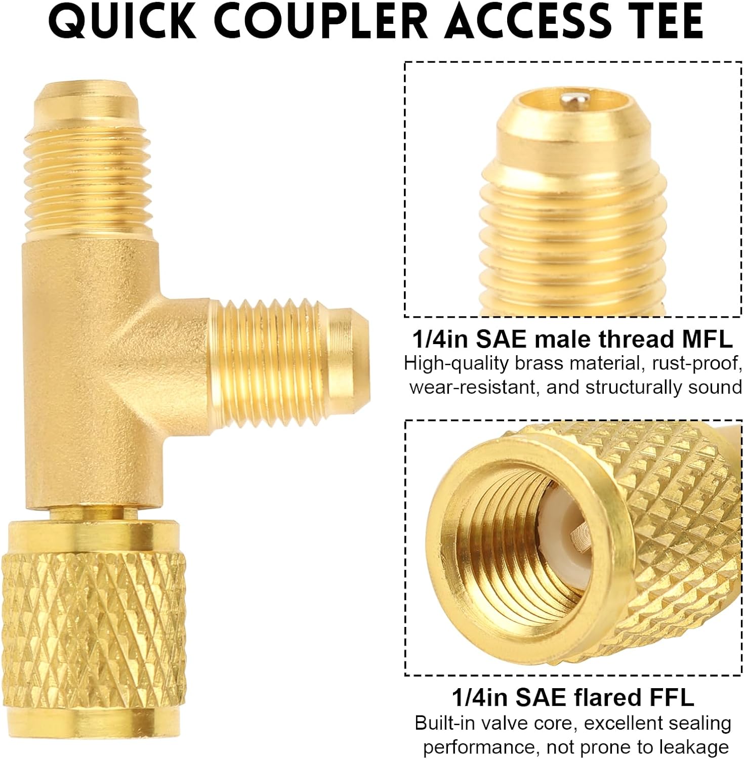 Quick Coupler Access Tee, 1/4 Inch SAE Valves Core Tee Adapter Brass Refrigerant for R22 R12 R134 Gauge Deep Vacuum Pump Manifold Air Conditioning Parts - 2 Pcs