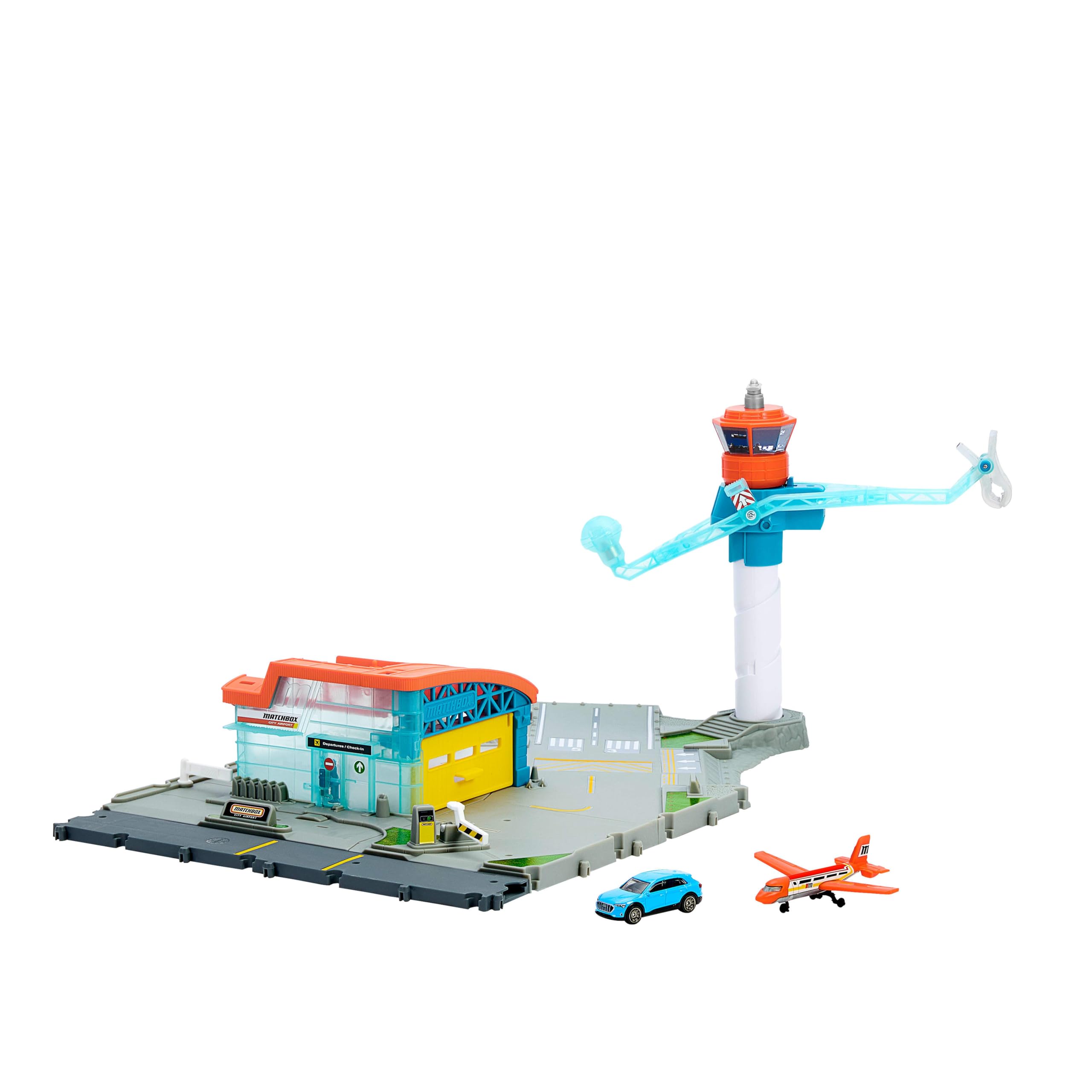 Matchbox Lotnisko przygód Zestaw lotnisko, 1 metalowy samochód zabawka Audi w skali 1:64, 1 plastikowy samolot zabawka, funkcja zabawy w start i lądowanie, wieża kontroli lotów i hangar, JBW37