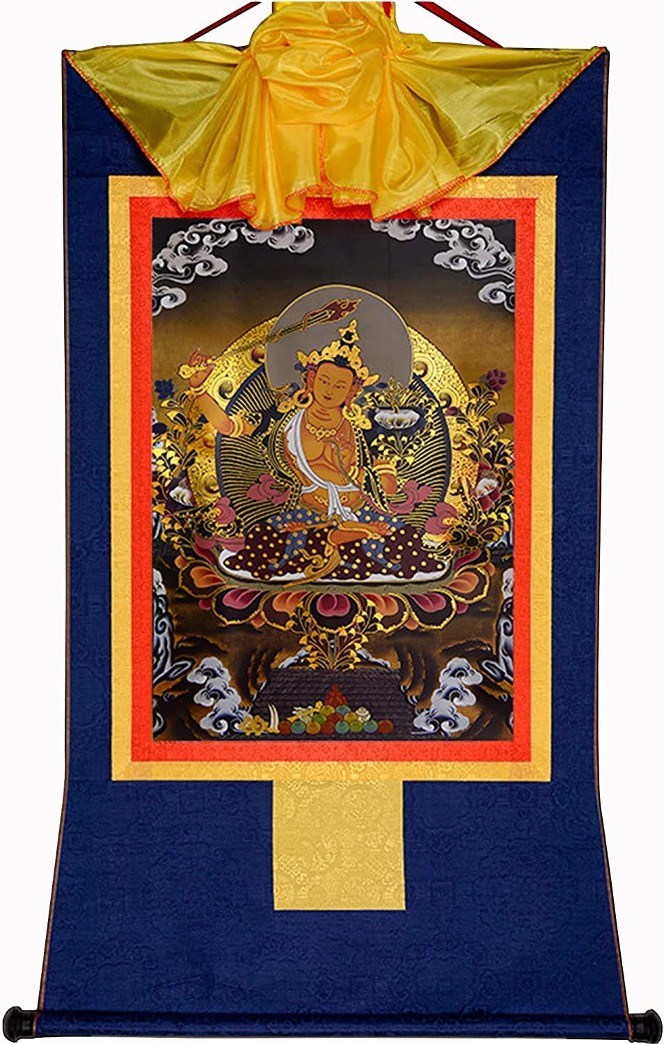 Tapisserie bouddhiste, Thangka tibétain, Manjusri, Bouddha de la Sagesse, Art de la peinture Thangka tibétain, Brocart Thangka bouddhiste, Tapisserie de Bouddha avec défilement, Type noir ( Color : Bl