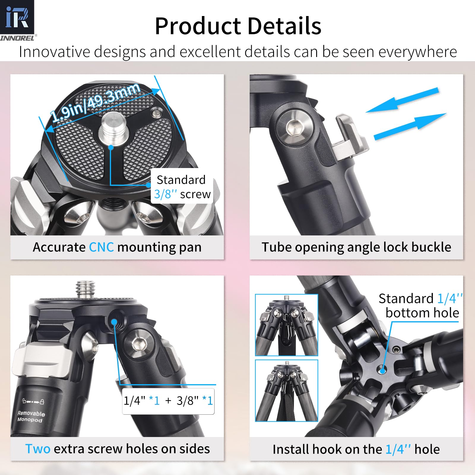 Kt254cf - innorel trépied Professionnel à clapet Rapide en Fibre de Carbone 25,6 mm Support Compact et léger avec tête sphérique à Double Encoche en U Mince d36 pour caméscopes Reflex numériques