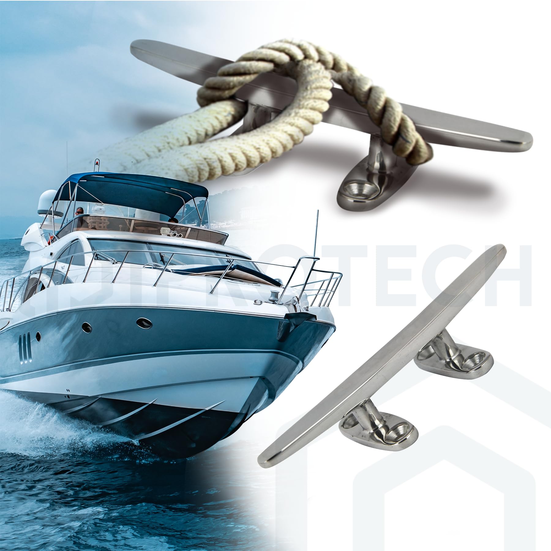 PROTECH 2 Stück Bootsklampe flach 4 löcher 250mm aus rostfreier Edelstahl A4 Festmacher V4A Klampen für Boot AISI 316 Belegklampen