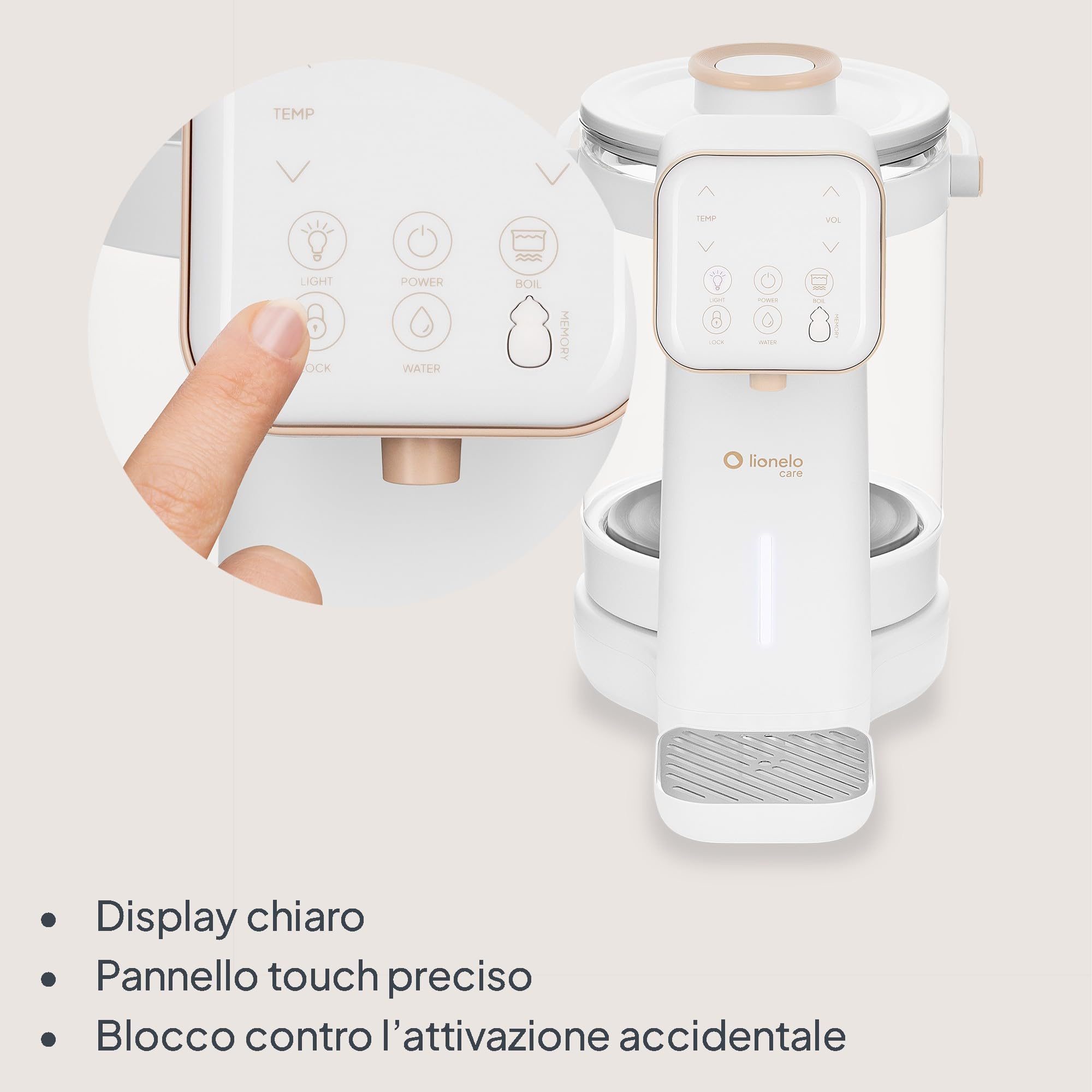 Lionelo BABYPRESTO 2.0 Preparatore Istantaneo di Latte in polvere con Temperatura Regolabile 40-100°C, Dosaggio Automatico 30-300 ml, Formula Scaldabiberon, Dispenser Acqua 3L, Declorazione, Igiene UV