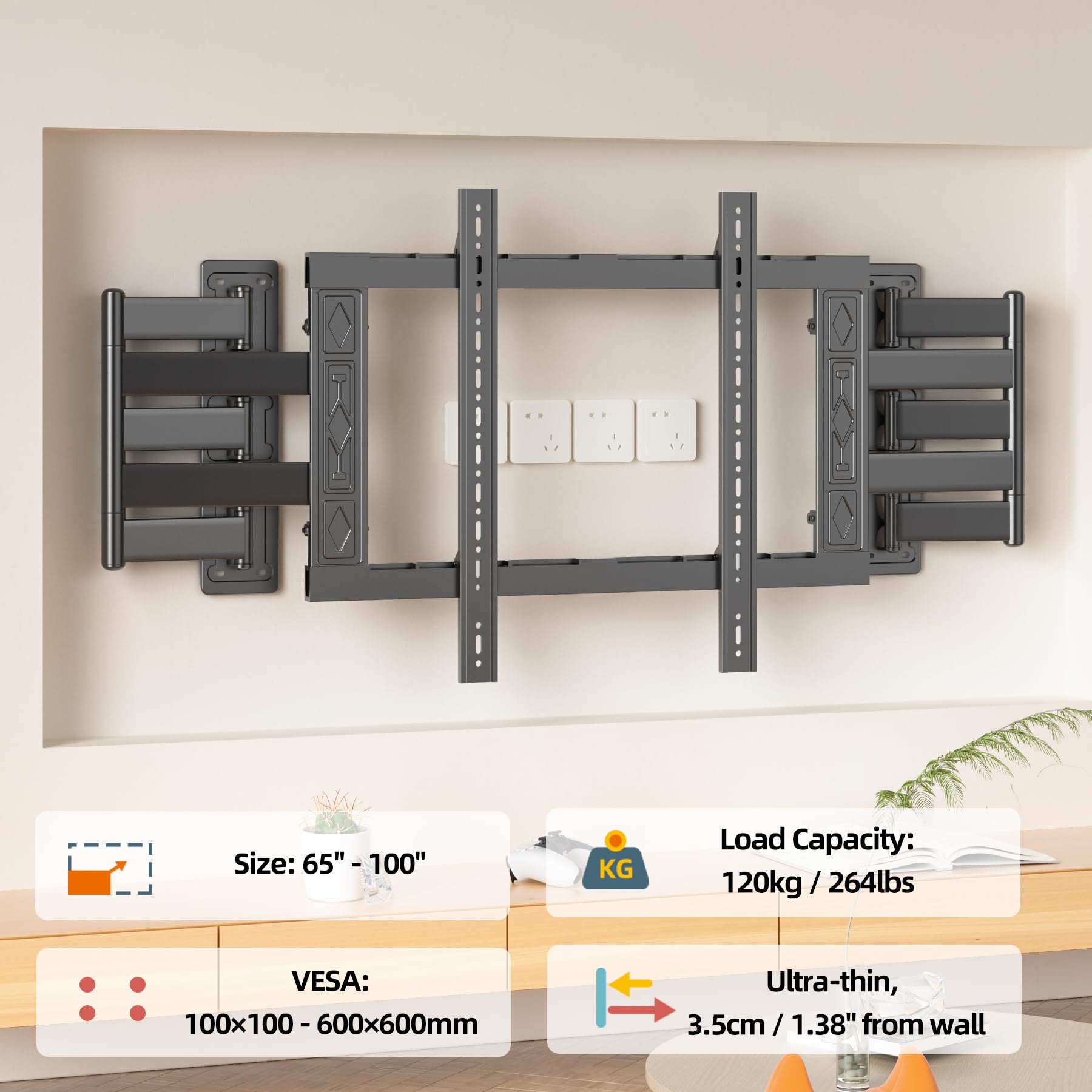 Supporto TV a Parete 10 Bracci Gran Portata 120 kg, 65-100 Pollici | Staffa TV Angolo Stanza, Profilo Ultra Sottile, Doppia piastra a muro, Piastra adattabile Standard VESA 600x600 mm