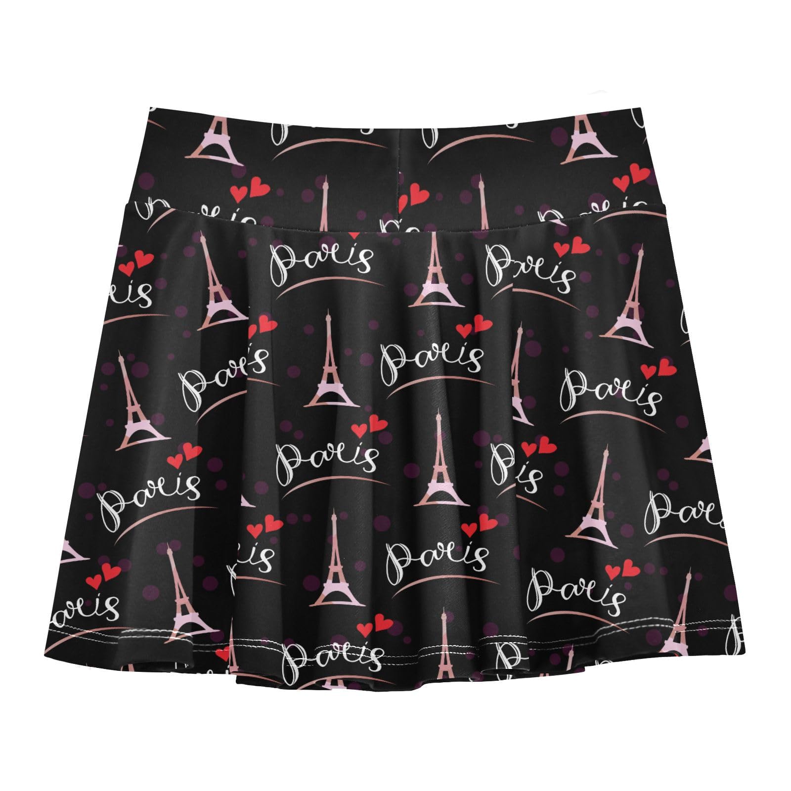 Aflyko Girls Pleated Skater Skirt France Paris Eiffel Tower Heart High Waist Cheerleading Dress Dance Skort with Lining Shorts Weekend Date Outfit Short Bottoms, 9-10Y Multicoloured