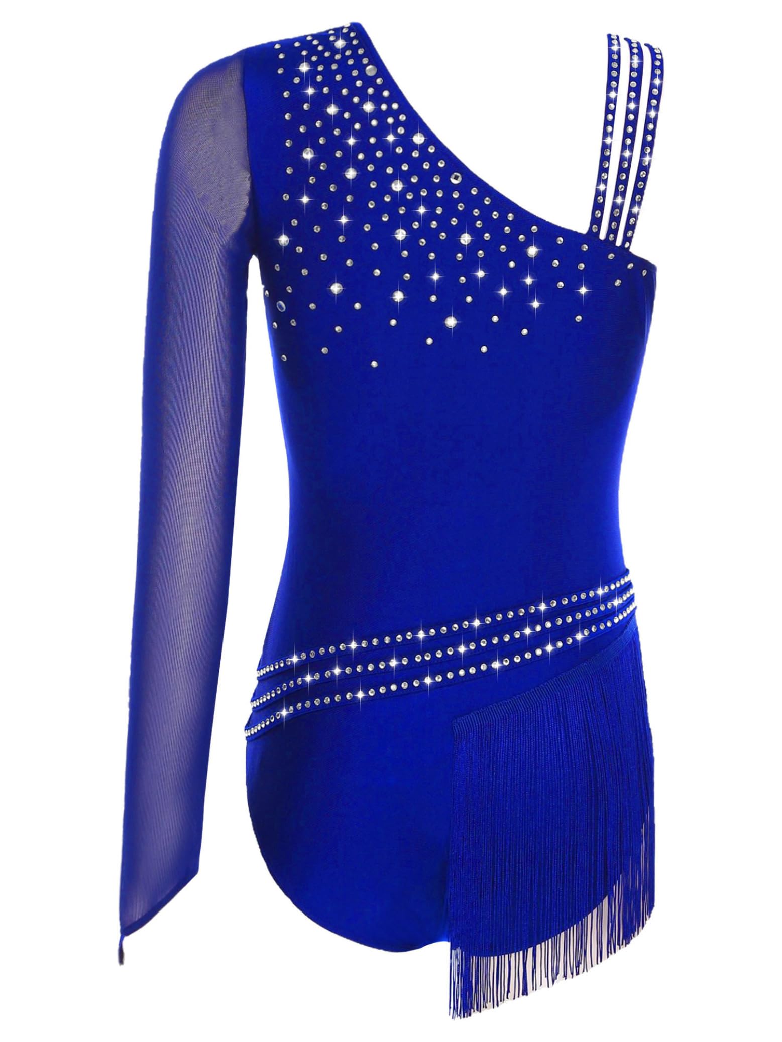 Baile Latino Mujer Maillot con Flecos de Patinaje Artístico Leotardo Gimnasia Manga Larga un Solo Hombro Competencias