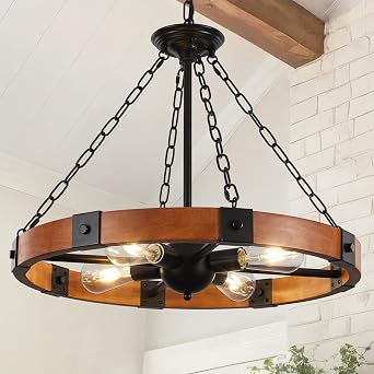 23.6 inch Wood Wagon Wheel Chandelier 4-Light Farmhouse Chandelier