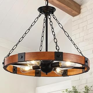 23.6 inch Wood Wagon Wheel Chandelier, 4-Light Farmhouse Chandelier Rust...