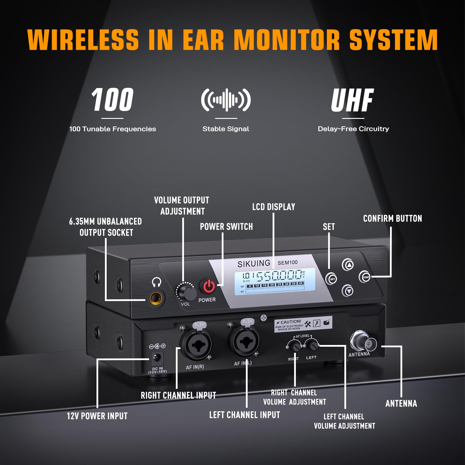 Sistema di monitor in-ear senza fili, IEM professionale con trasmettitore tascabile e auricolari, 100 frequenze UHF selezionabili, portata di 75 m, suono chiaro per musicisti, cantanti, bande