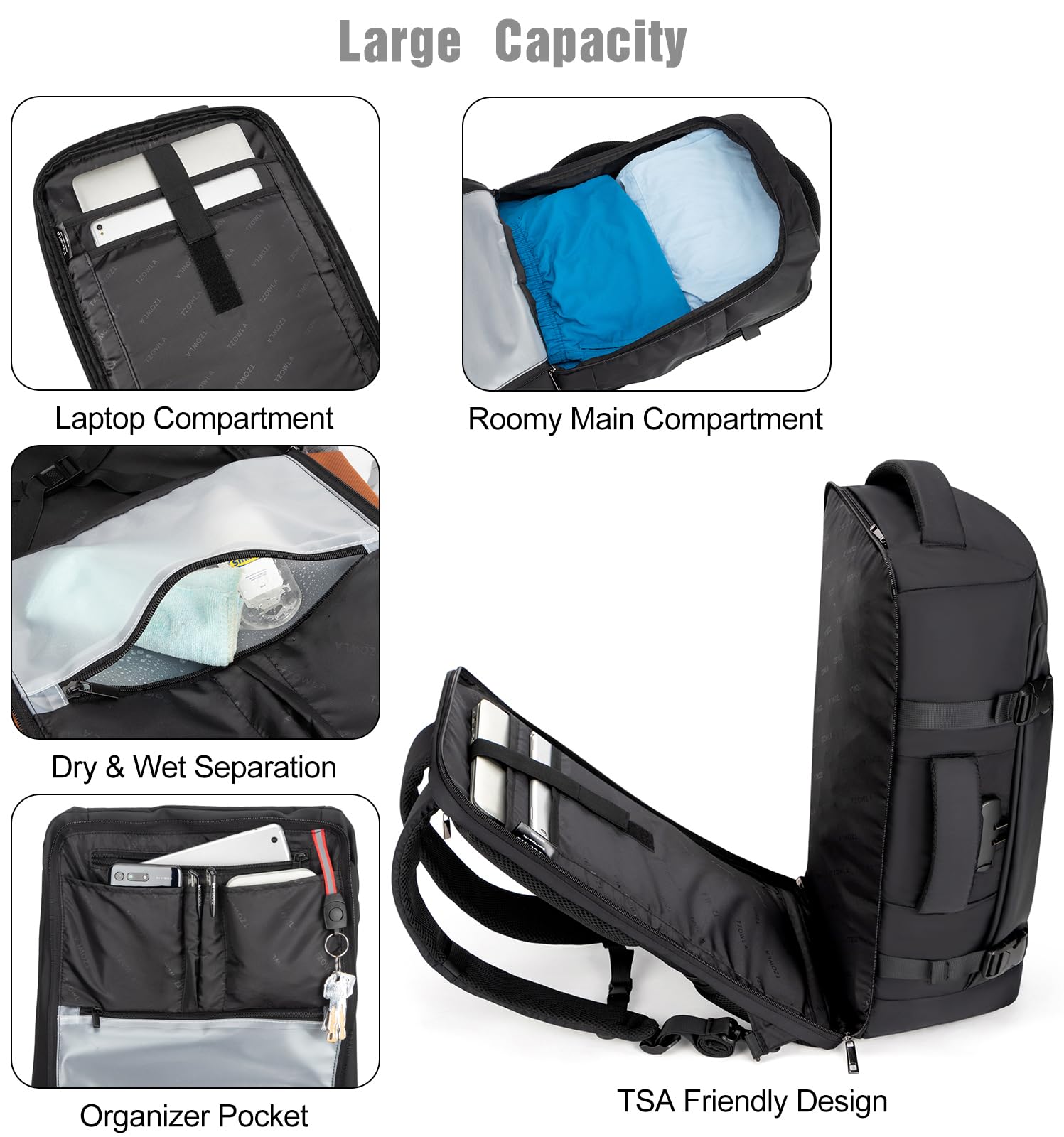 Tzowla ReiseRucksack Laptop Handgepäck Rucksack 40l für Damen und Herren,Fluggenehmigung,Großes Fassungsvermögen,Anti-Diebstahl-Rucksäcke Wasserdicht mit USB-Anschlus für 17,3 Zoll Notebook-Schwarz