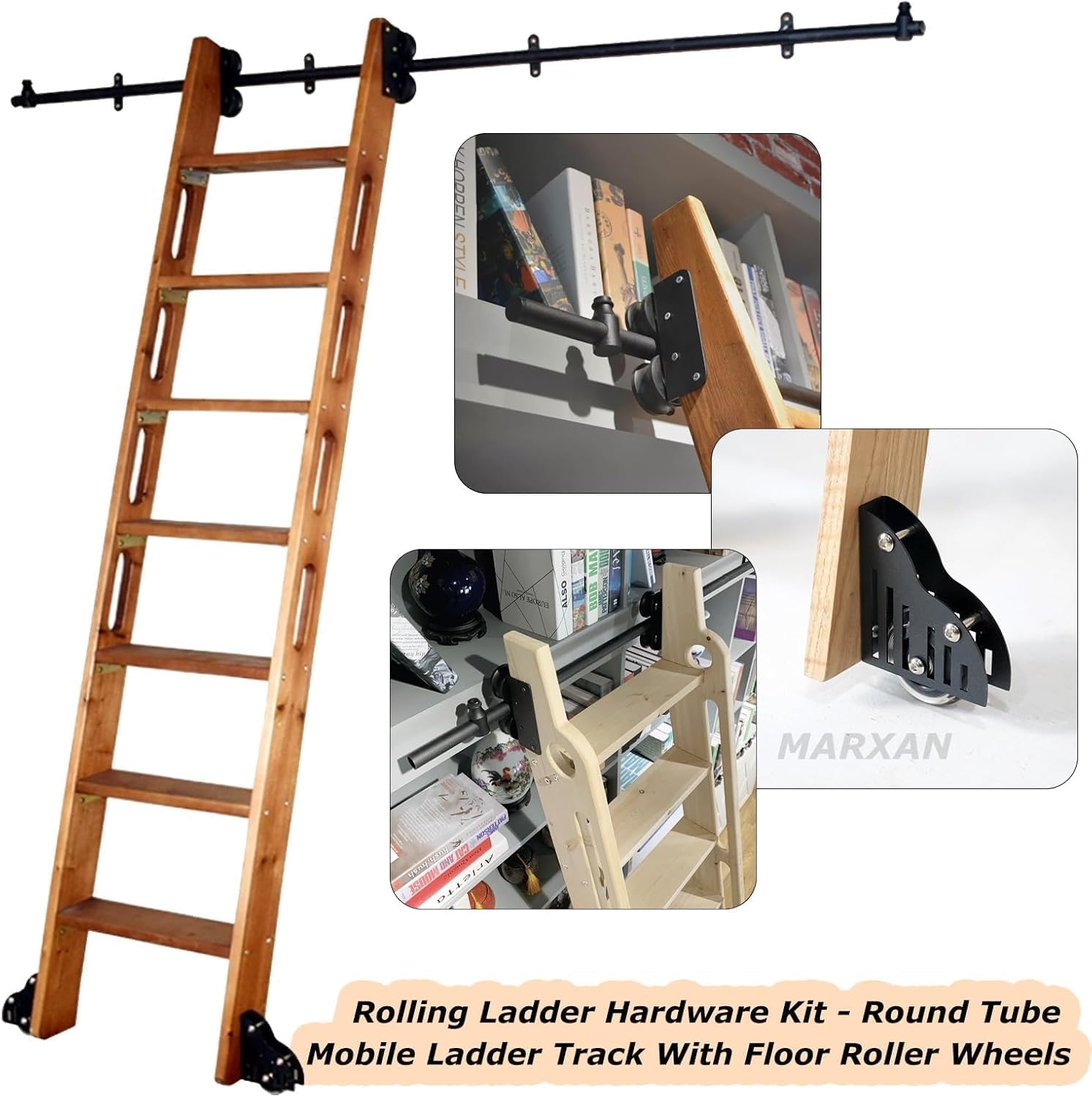 Mobile Rolling Ladder Track Kit for Bookshelves & Lofts - 20ft & 4ft Track Options Includes Floor Roller Wheels & Extension Accessories for Home Use