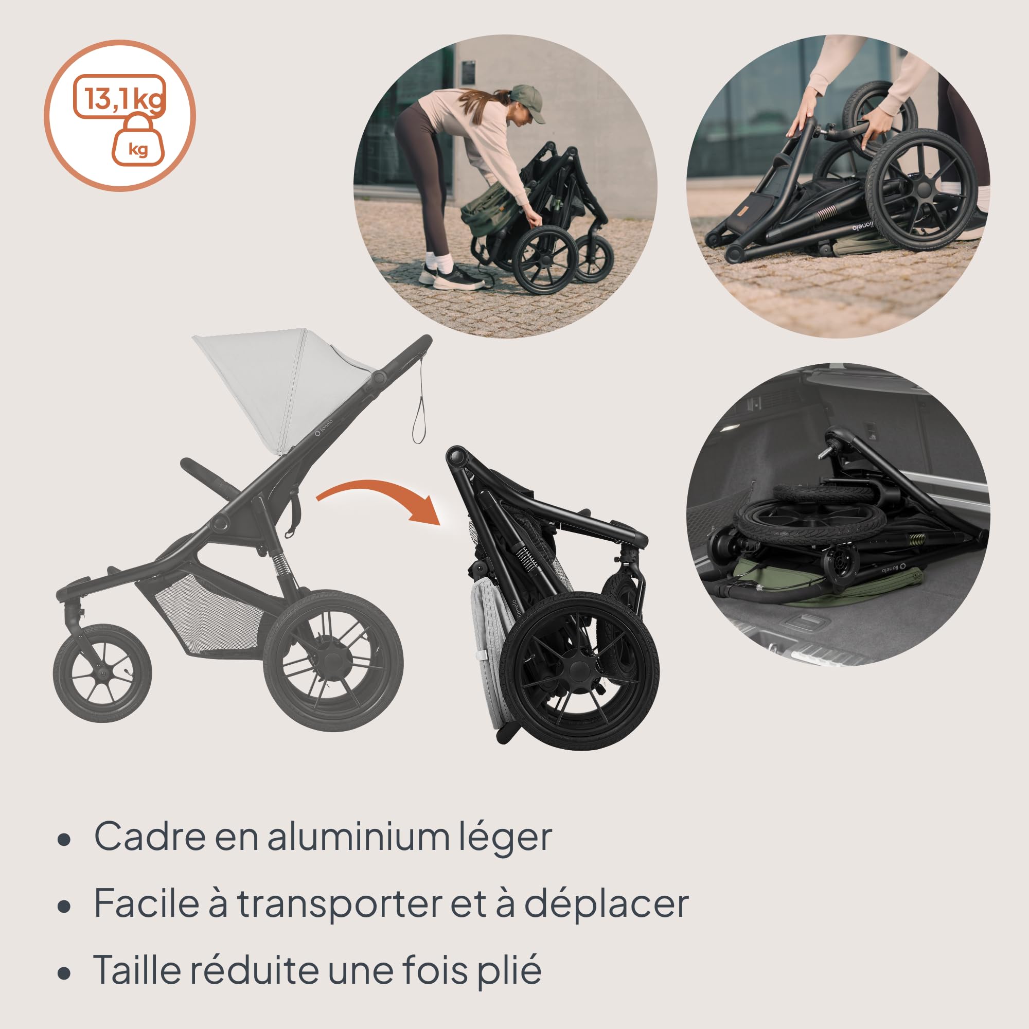 LIONELO AZURA Poussette Bébé de jogging de 6 mois à 22 kg Poussette 3 Roues de jogging Dossier Réglable pour Position Allongée Grandes Roues Gonflables Amortissement Complet Auvent XXL (Grey)