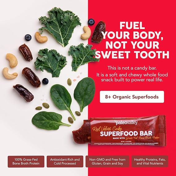Paleovalley Superfood Bars Red Velvet 12 Pack 9g Protein per Bar Gluten-Free, Grain-Free, Paleo, Non-GMO On-the-Go Snack