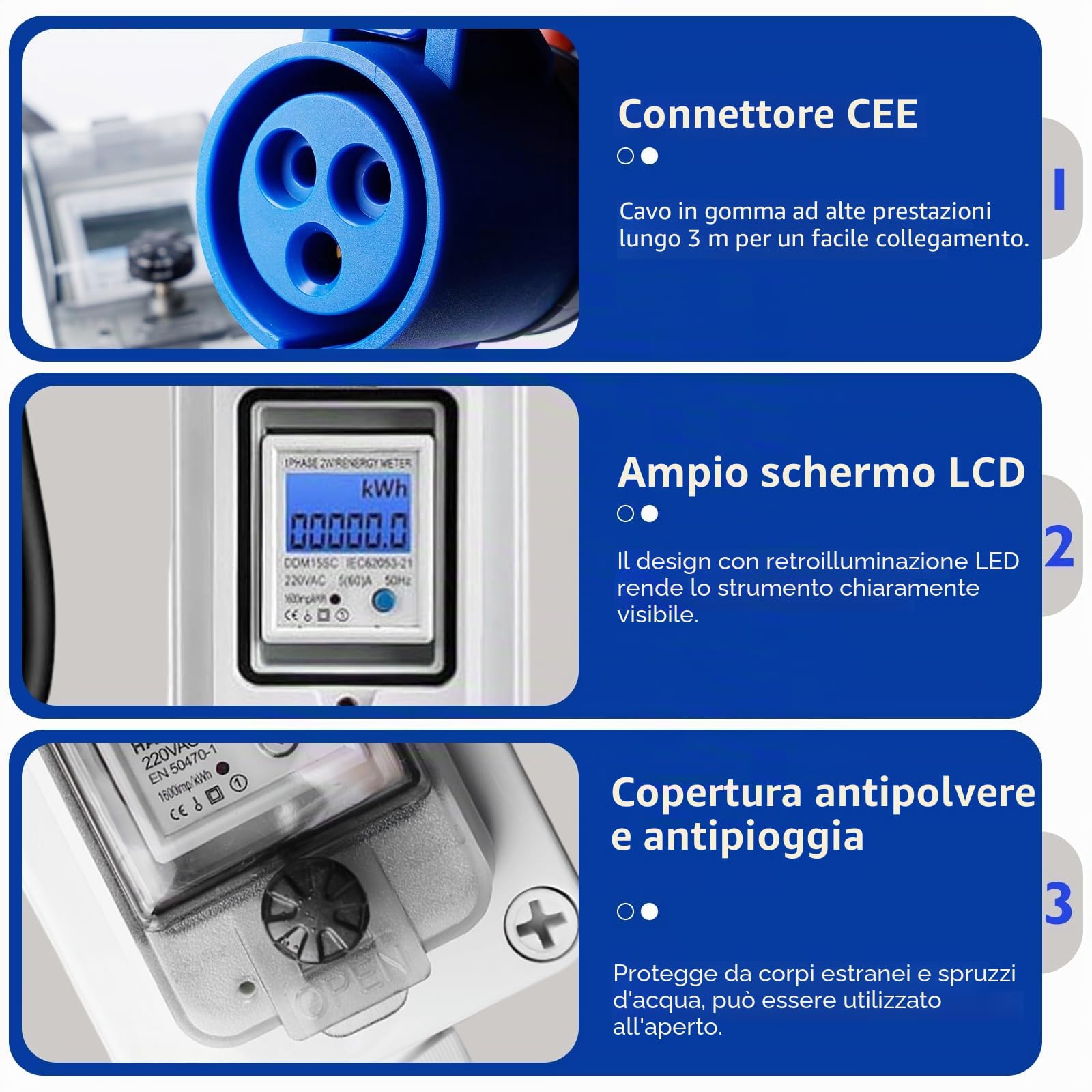 Contatore elettrico digitale portatile 60 A 230 V, IP67 impermeabile con spina CEE e accoppiamento, misuratore KWH 3 x 1,5 mm² cavo in gomma da 3 m, funzione di ripristino per camper, veicoli