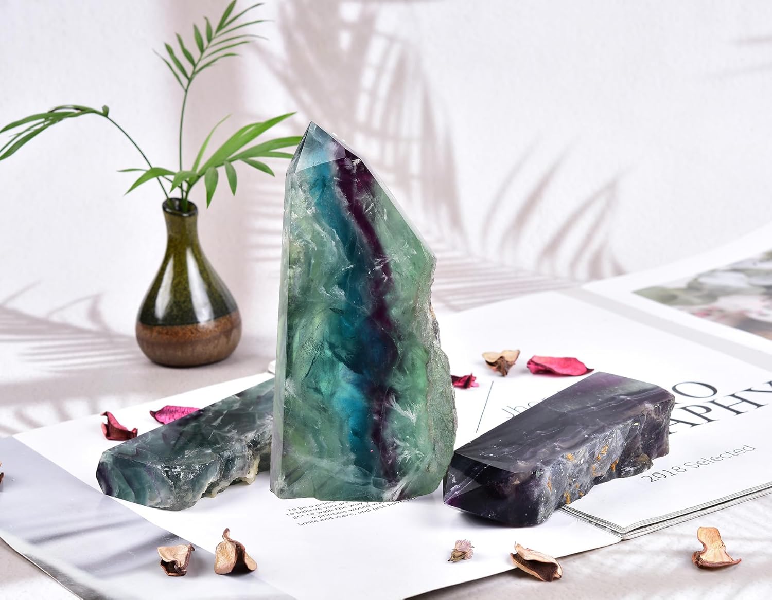 AMOYSTONE Decorative Quartz Obelisk Slab Pointed Natural Fluorite Slab Block Heavy 2-2.8 LBS, Crystal Lover Collection, Gifts, Home Décor