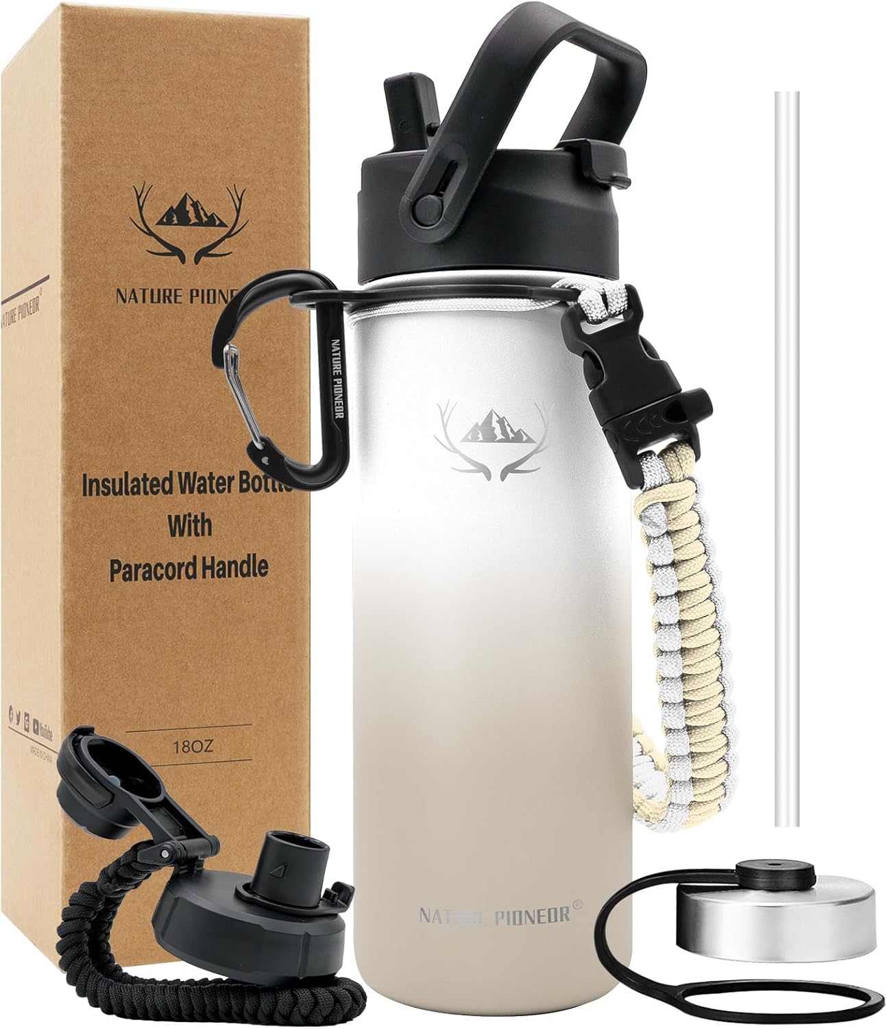 NATURE PIONEOR Botellas de agua aisladas con mango de paracaídas, botella de agua deportiva al vacío de 18 onzas de boca ancha con 3 tapas, acero