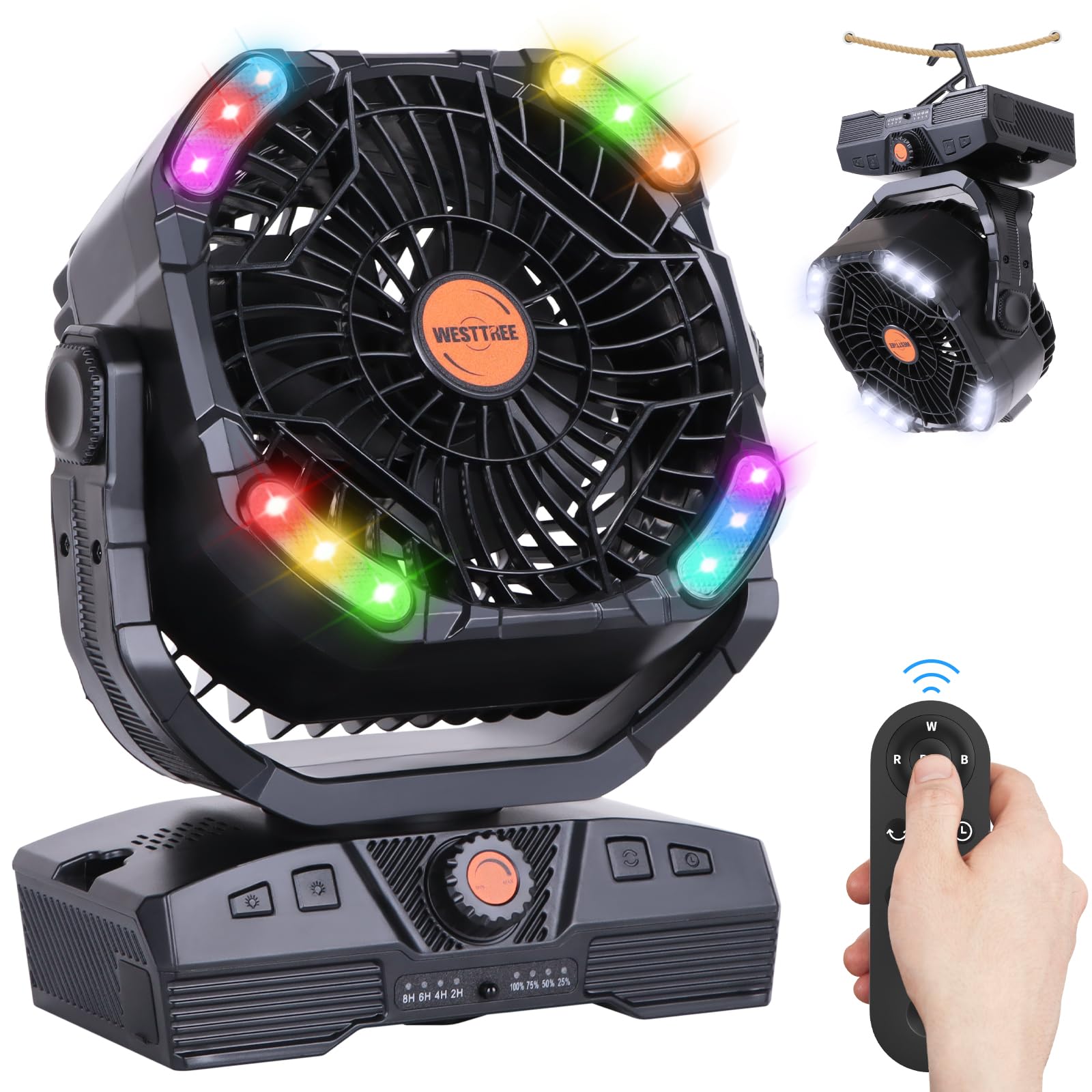 Camping Fan 20000mAh Rechargeable Battery Operated fan Outdoor Tent Fan with Light & Hook 270° Pivot, knob Speeds, Personal USB Desk Fan for Camping Power Outage Jobsite Black X68