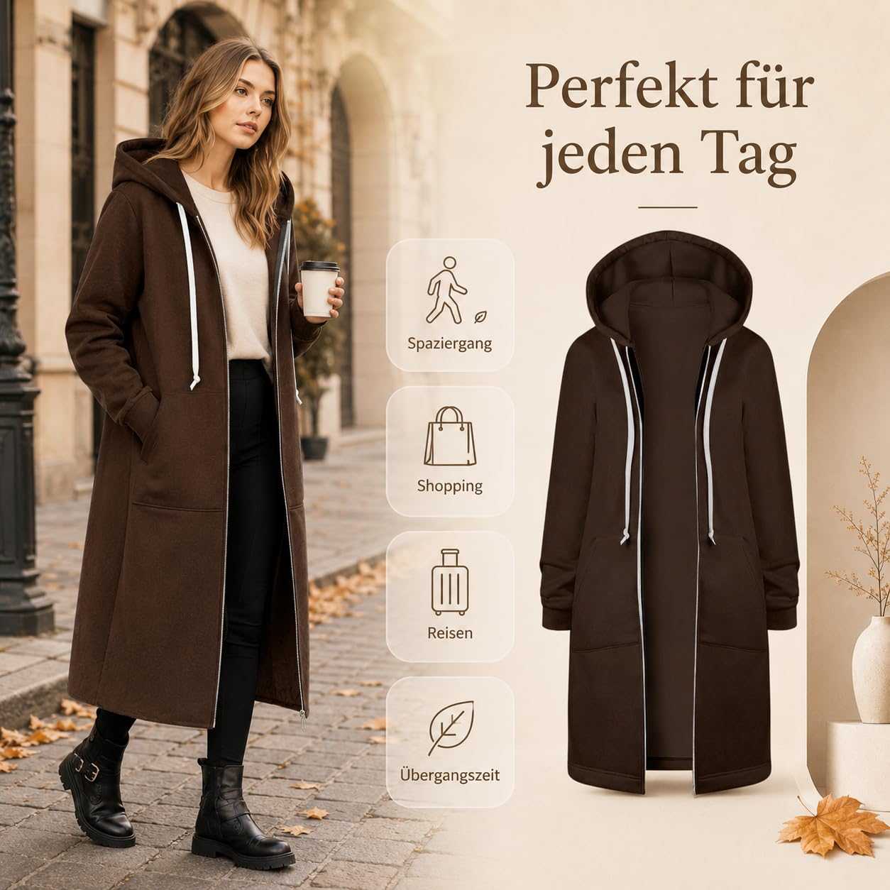 Lang Sweatjacke Damen Hoodie mit Kapuze Fleecejacke Einfarbig Kapuzenjacke Herbst Winter Übergangsjacke Casual Locker Kapuzenpullover Outwear Mantel Jacke mit Reißverschluss und Taschen Y2K Streetwear