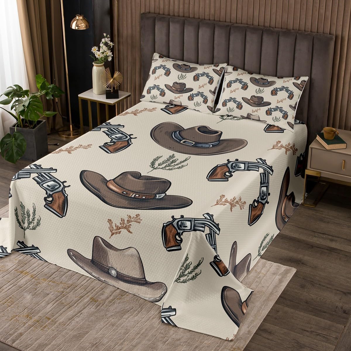 Homewish Southwestern Cowgirl Pink Bedspread Queen Size,Cherry Bowknot Princess Theme Bedding Set for Kids Boys Girls Room Decor,Star Love Printed Quilt 3Pcs,Cowboy Boot Coverlet Set,2 Pillowcases