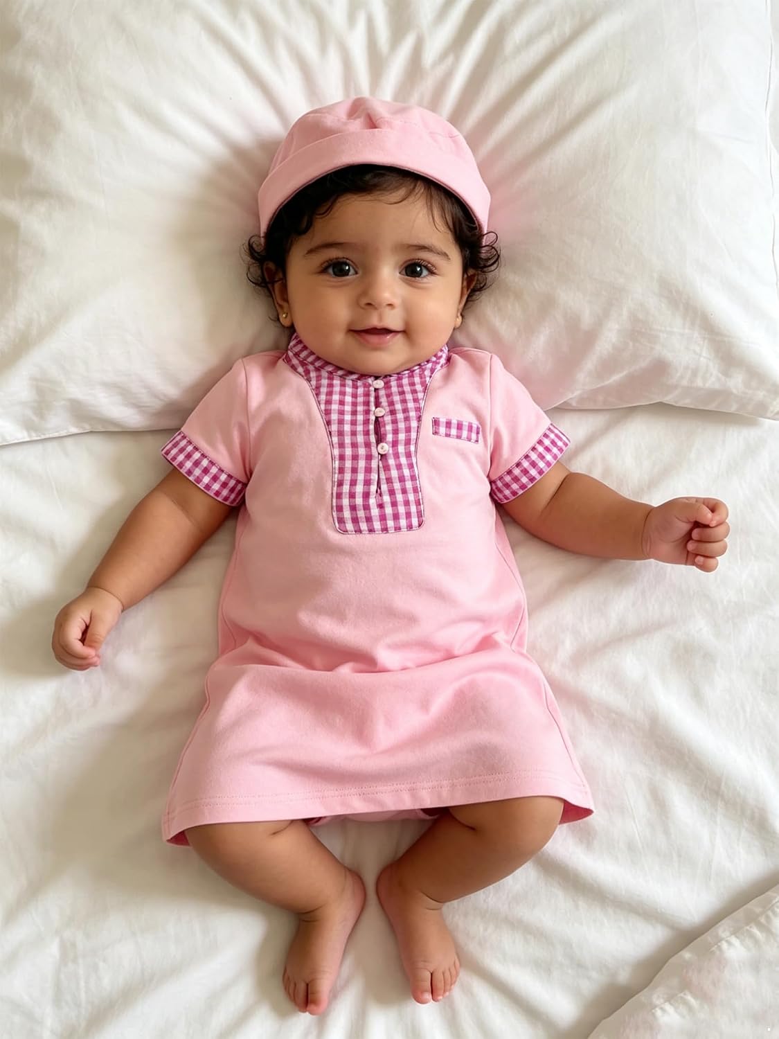 iiniim Infant Short Sleeve Kaftan Thobe Gingham Placket Abaya Robe 1st Ramadan Outfit Prayer Clothes
