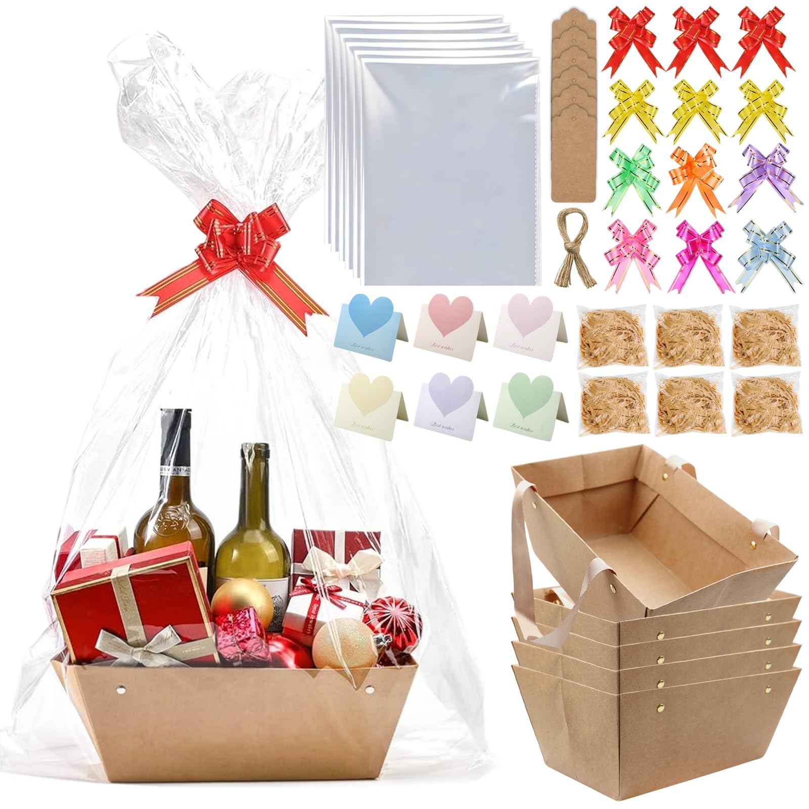 6 Set Gift Basket Hamper Baskets for Gifts, Empty Hamper Basket with Cellophane Bags, Pull Bows, Tags and Greeting Cards, Gift Baskets for Birthday, Christmas, Wedding, 25X16.5X11cm