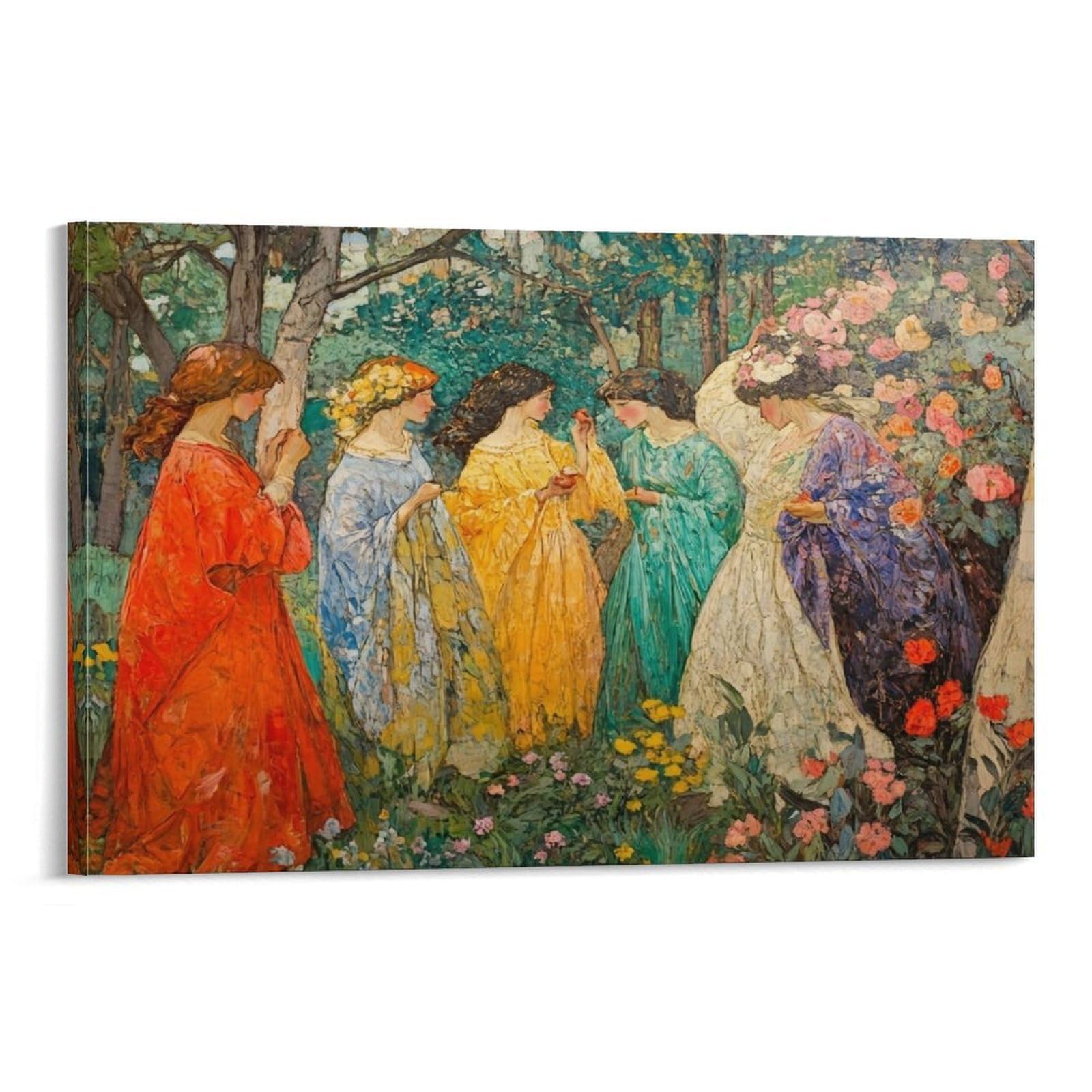 CPLVKWRQJ Women in Garden Individual Women in Colorful Dresses in Garden Wall Art Decor - Office Wall Focal Art Multi-Purpose Fade Resistant Decor 08x12inch(20x30cm)