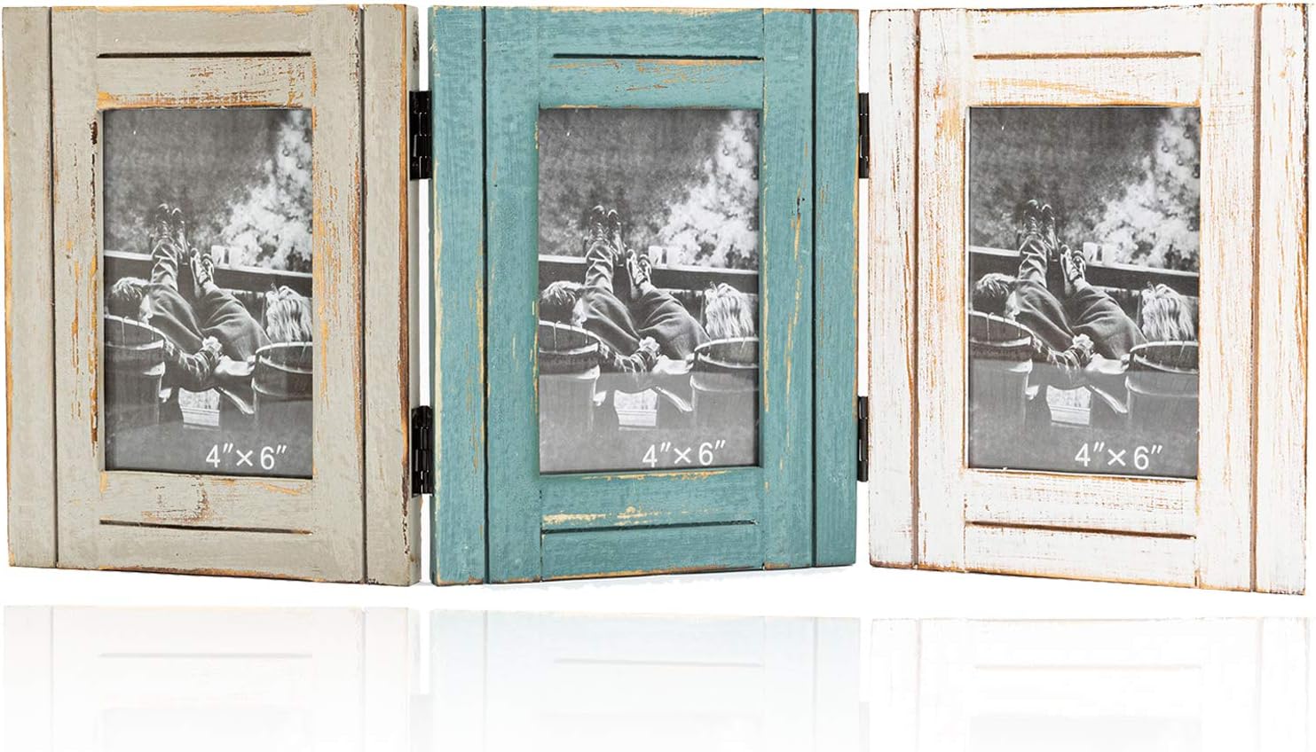 RiteSune Rustic 3 Picture Frame 4X6 Triple Hinged Distressed Photo Frame for Tabletop Display, Picture College Frame Present for Holiday, Festival, Christmas