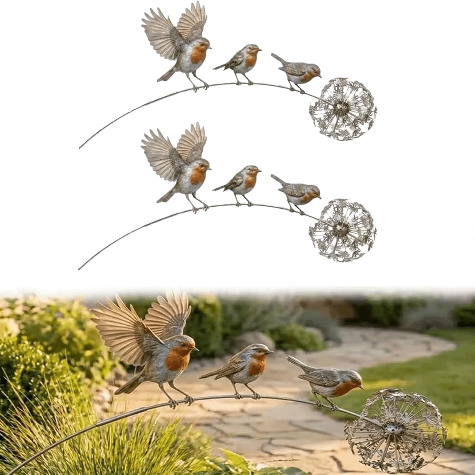 WMGDLP Rustic Iron Bird Yard Art Decoration,Swaying Metal Robin Garden Stake with 3 Birds & Dandelion Accent, Weather Resistant Kinetic Outdoor Sculpture, Memorial Garden Ornament Gift (2PCS)