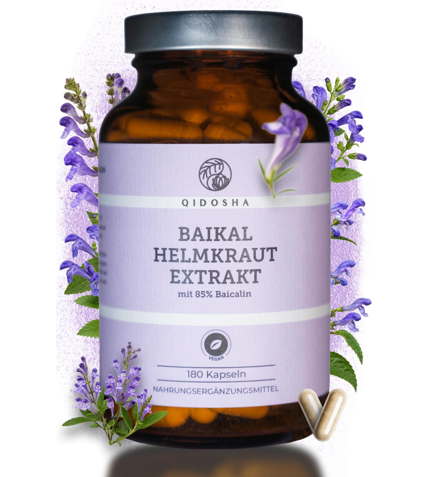 QIDOSHA® Baikal Helmkraut Extrakt mit einzigartigem 85% Baicalin-Gehalt - ganze 340 mg Baicalin pro Kapsel, vegan, 180 Kapseln im Apothekerglas, deutsche Fertigung, jede Charge Labor geprüft