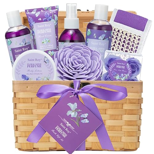 Cesta de regalo para mujer, 11 piezas de perfume floral de lujo para baño y cuerpo, kit de regalo de spa en casa con baño de burbujas, loción