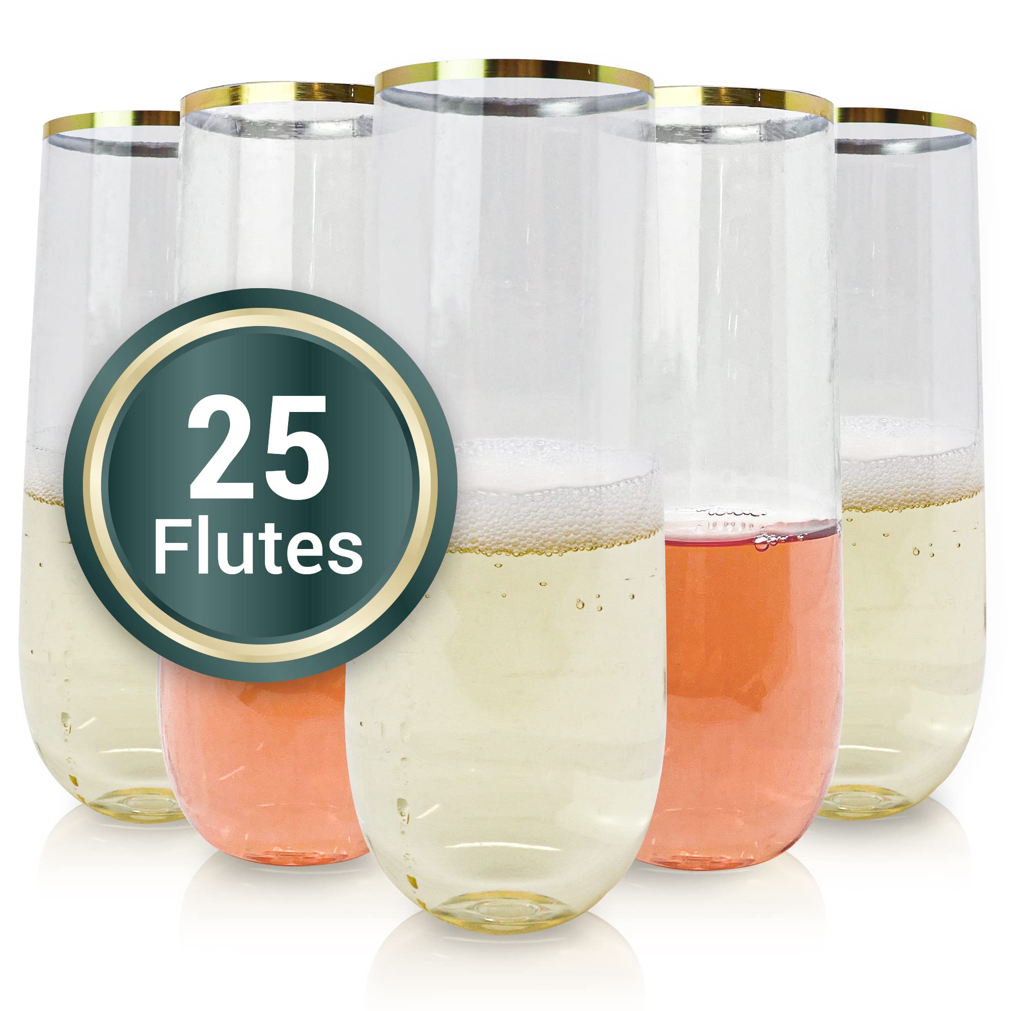 Reli. (25 Pack Plastic Champagne Flutes 9 Oz, Clear w/Gold Rim | Stemless Plastic Mimosa Glasses/Flutes | Disposable, BPA-Free, Shatterproof Cups |Perfect for Mimosa/Champagne, Cocktails, Wedding