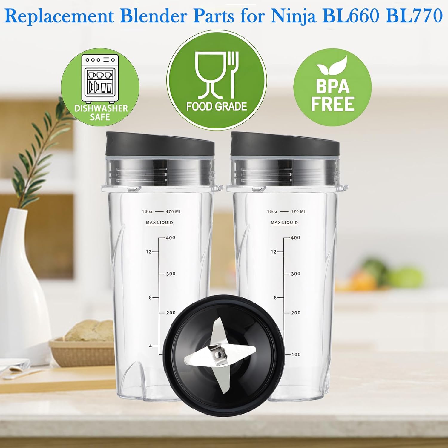 For Ninja Blender Blade Replacement BL660 6 Fin Male 3.35” Blade, 16oz Blender cups Compatible with Nurti Ninja Blenders BL770 BL660 BL740 BL780 BL773CO BL771 BL772 BL780C0, with Cleaning Brush