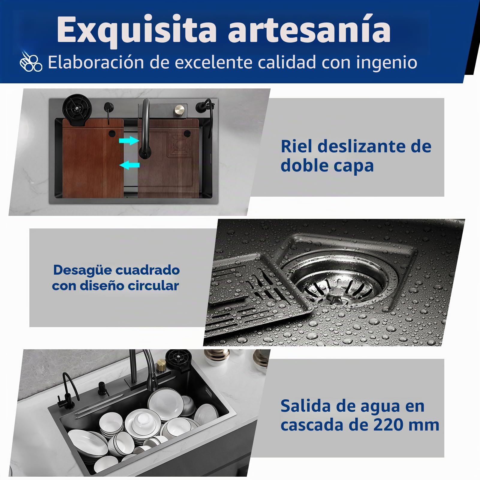 Fregadero Negro 80×50cm con Cascada, Kit de Drenaje, 1 Cubeta
