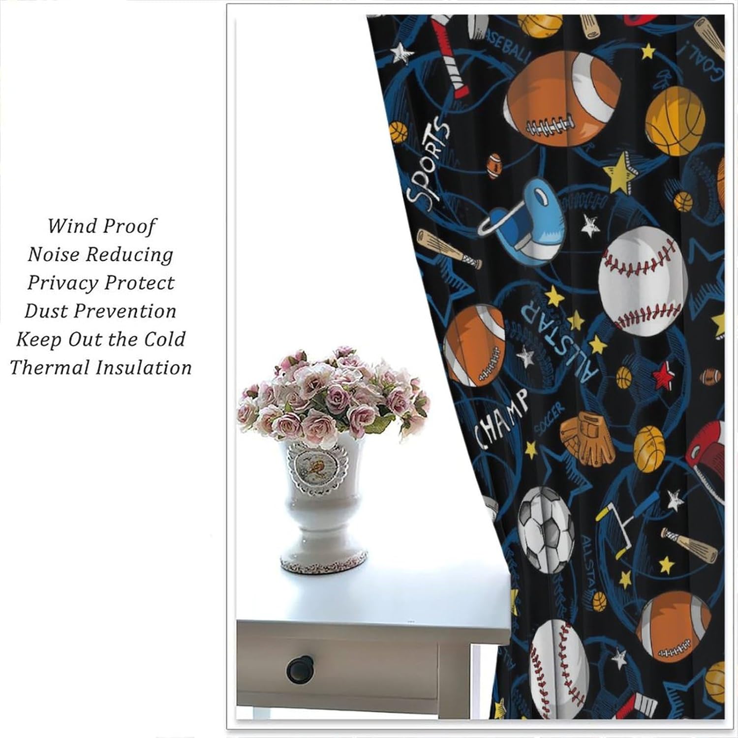 Sports Ball Kids Curtain, American Football and Basketball Blackout Curtains, Teens Basketball Black Theme Window Treatments Drapes for Boys Bedroom Kid Room Nursery Decor 84" W x 84" L