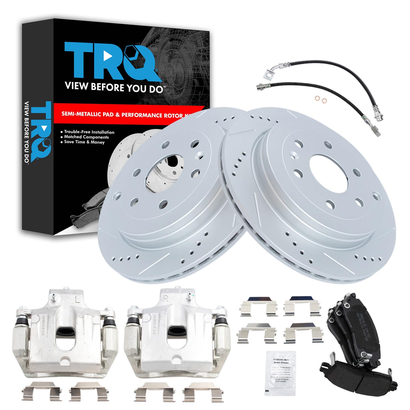 TRQ Brake Pad &amp; Rotor Kit Slotted X Drilled Performance Semi-Metallic Compatible with 2008-2016 Buick Enclave 2009-2017 Chevrolet Traverse 2007-2016 GMC Acadia 2007-2010 Saturn Outlook