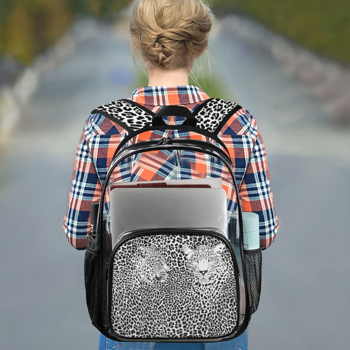Leopard Texture Black And White Clear Backpack Stadium Approved Heavy Duty PVC Transparent Backpacks Large Laptop Backpack for Work Travel Sports Events Concerts