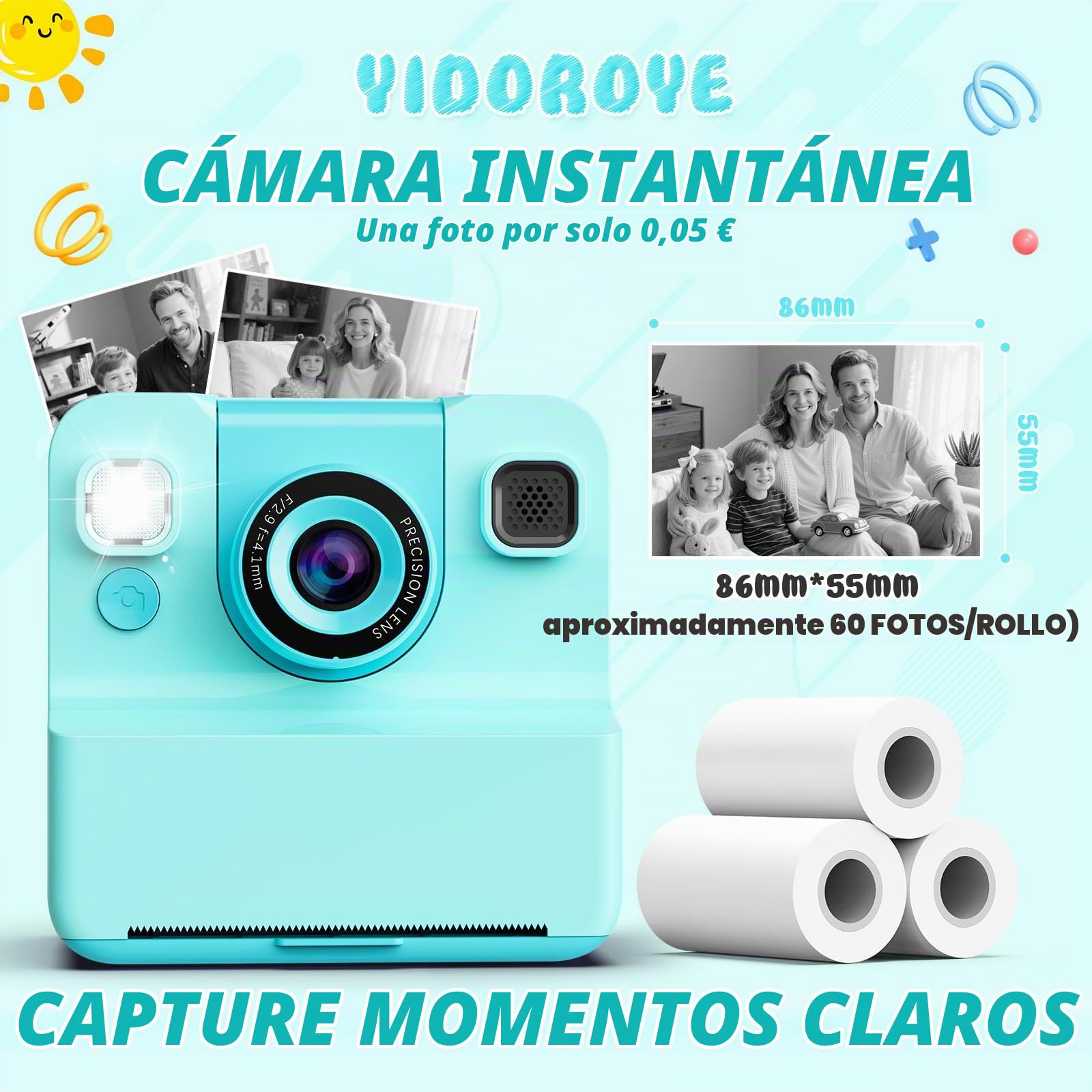 Cámara Infantil con Impresión Instantánea 1080P, 3 Rollos Y 32GB