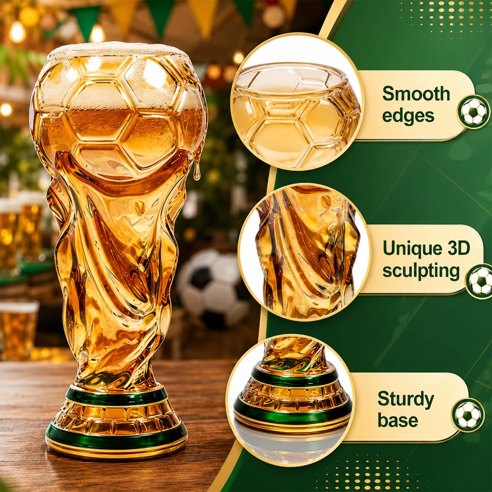 2 sztuki WM Copa ölglas, 500 ml ölsejdel szklanka z uchwytem w kształcie wachlarza, szklanka do piwa, duża szklanka do piwa na imprezę piłkarską, szklana szklanka w kształcie trofeum do piwa