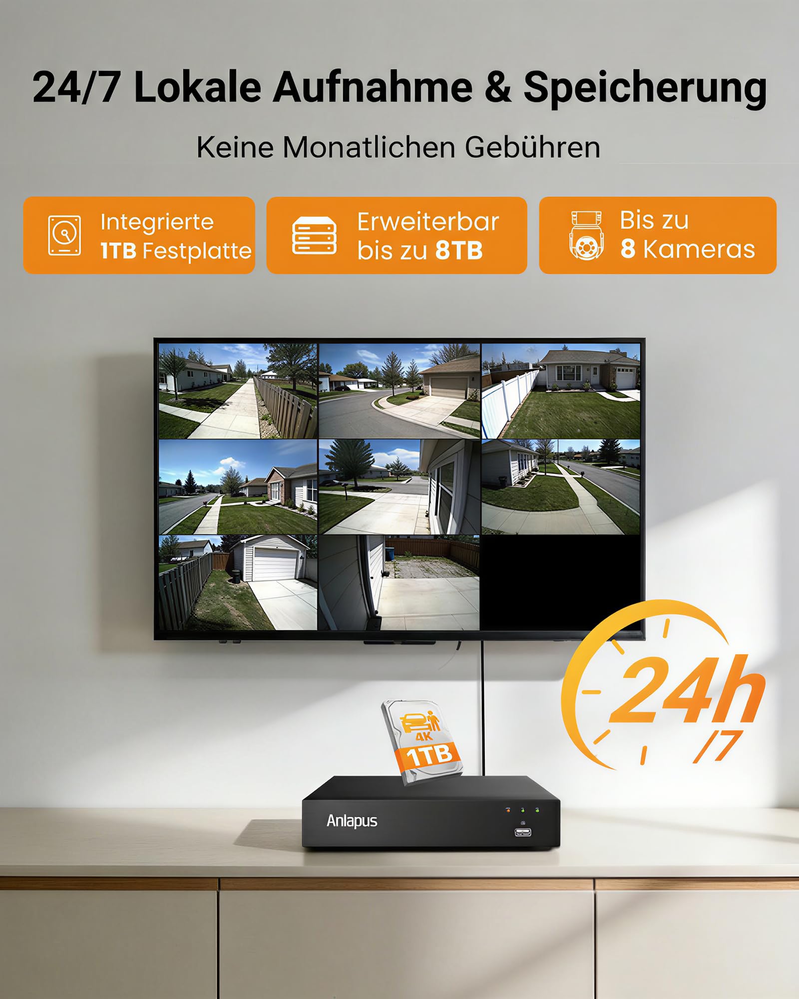 Anlapus 8MP 4K PTZ Überwachungskamera Außen Set mit Audio Kabelgebunden | 8CH DVR 1TB HDD, 4X 360° Schwenken & Neigen Domekameras, KI Mensch-Fahrzeug-Erkennung, 24m IR Nachtsicht, Wasserdicht