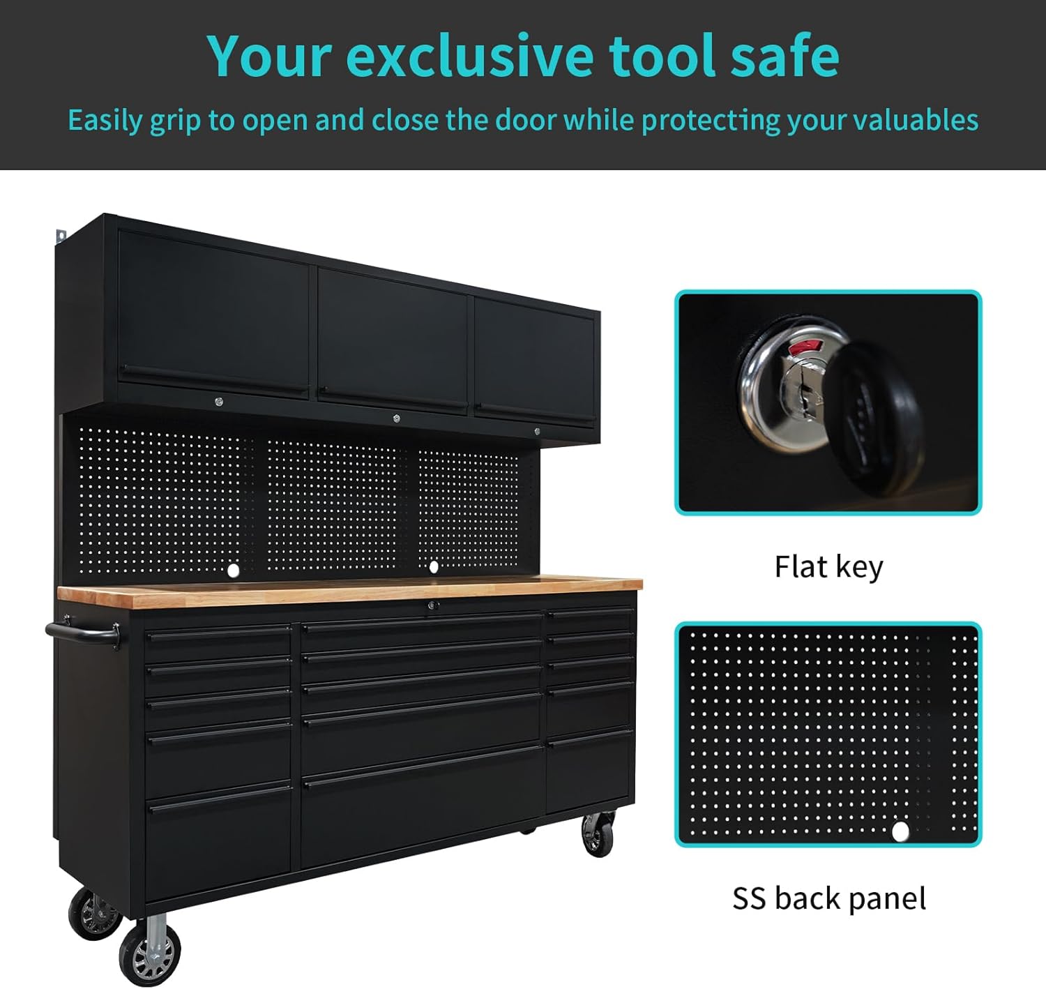CHETTO C 72 inch Tool Chest Tool Box Mobile 15 Drawers Storage 3 Upper Cabinets SS-Pegboard Rolling Cabinet with Wheels Lock Key Locking System Drawer Liners for Garage Warehouse Repair Shop Black